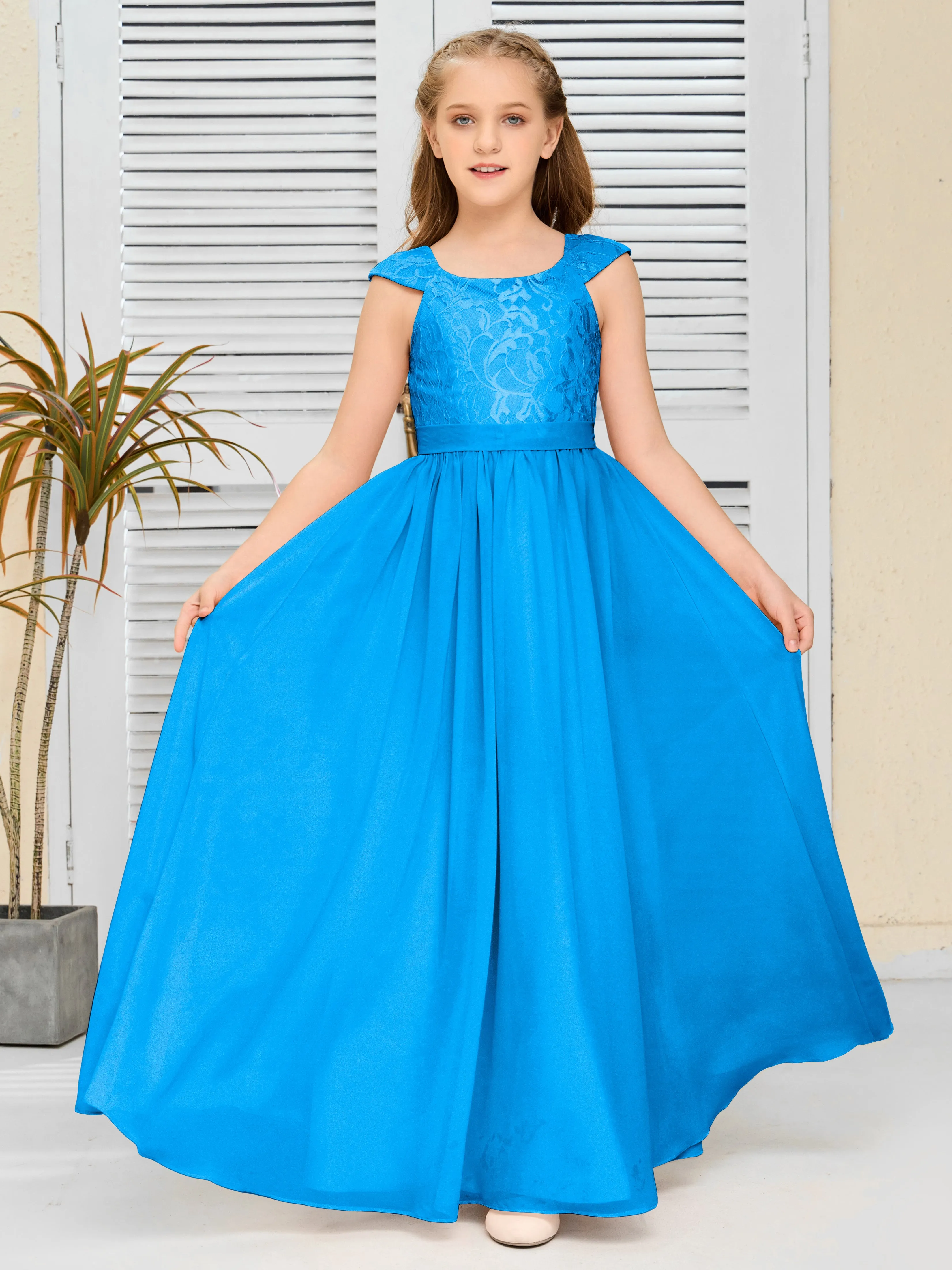 Round Neck Cap Sleeves Chiffon Junior Bridesmaid Dress