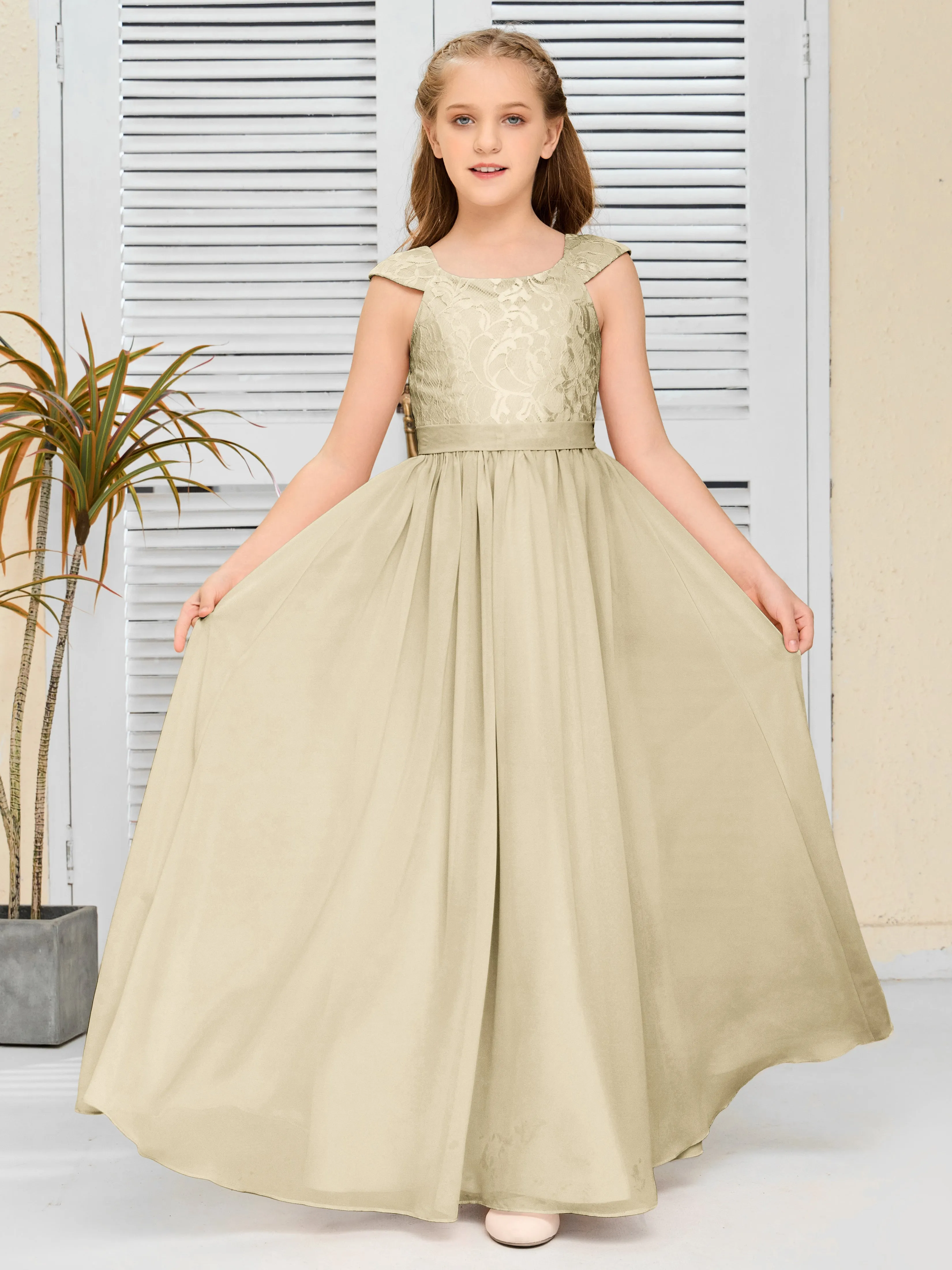 Round Neck Cap Sleeves Chiffon Junior Bridesmaid Dress