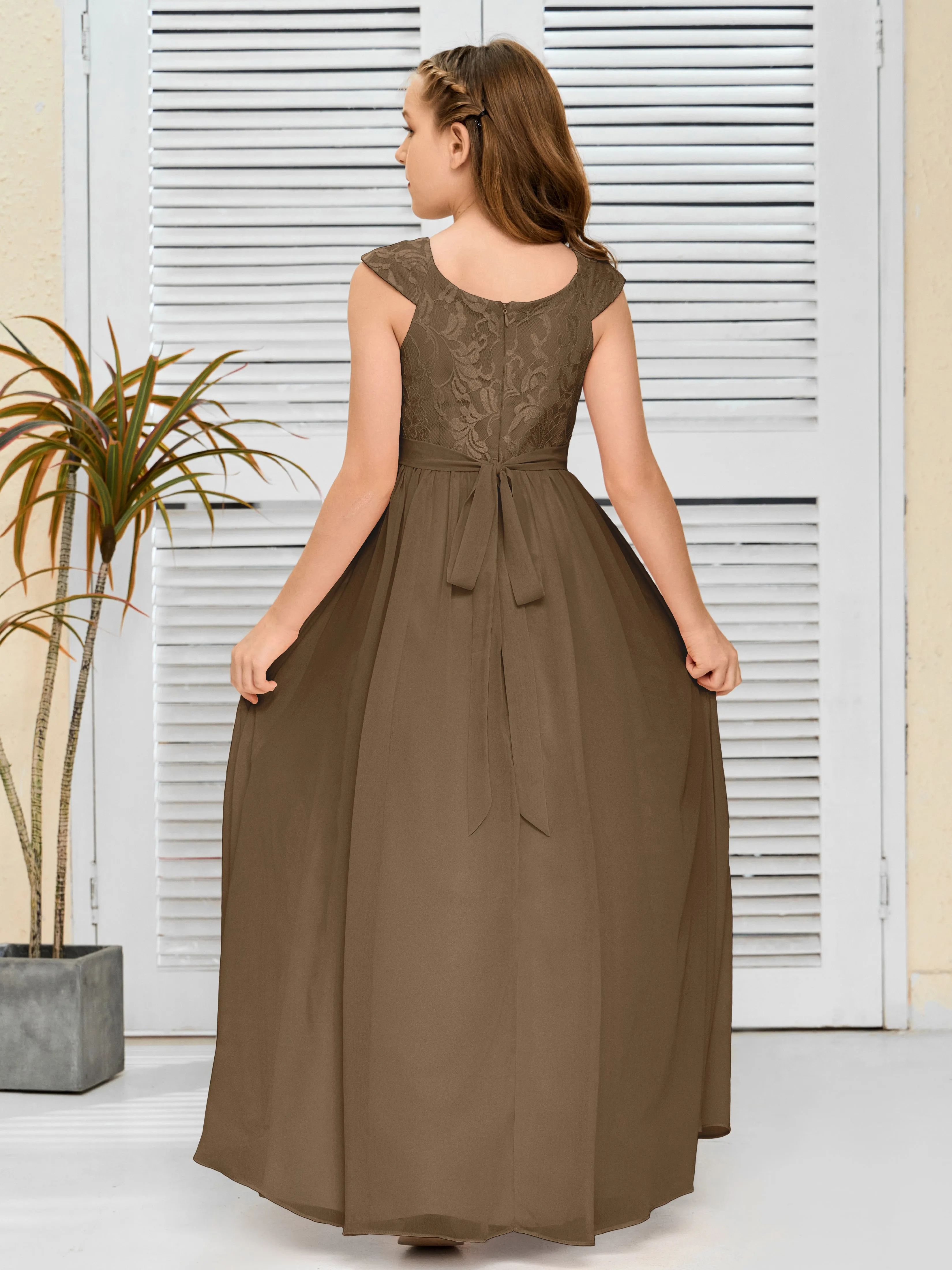 Round Neck Cap Sleeves Chiffon Junior Bridesmaid Dress