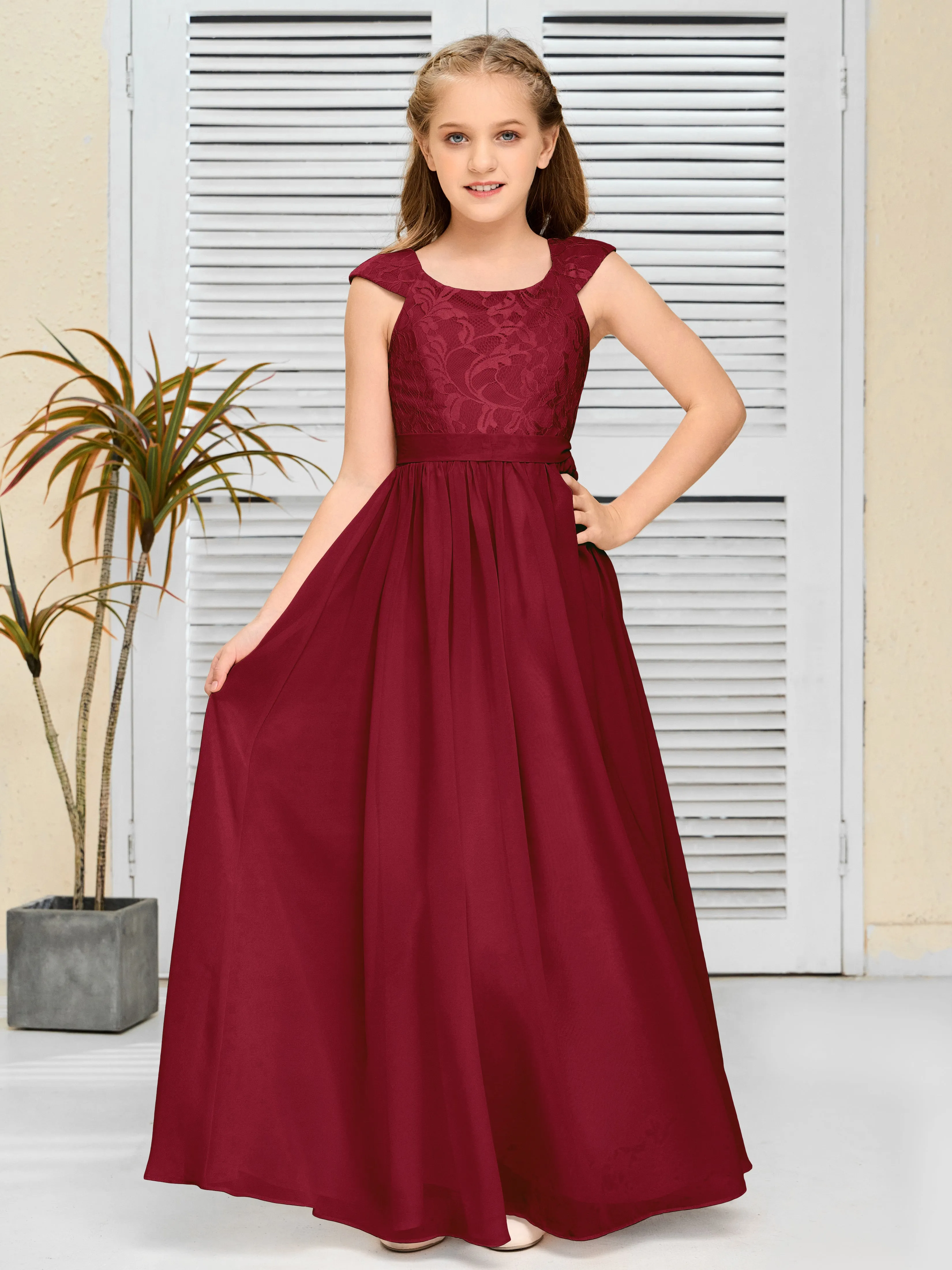 Round Neck Cap Sleeves Chiffon Junior Bridesmaid Dress