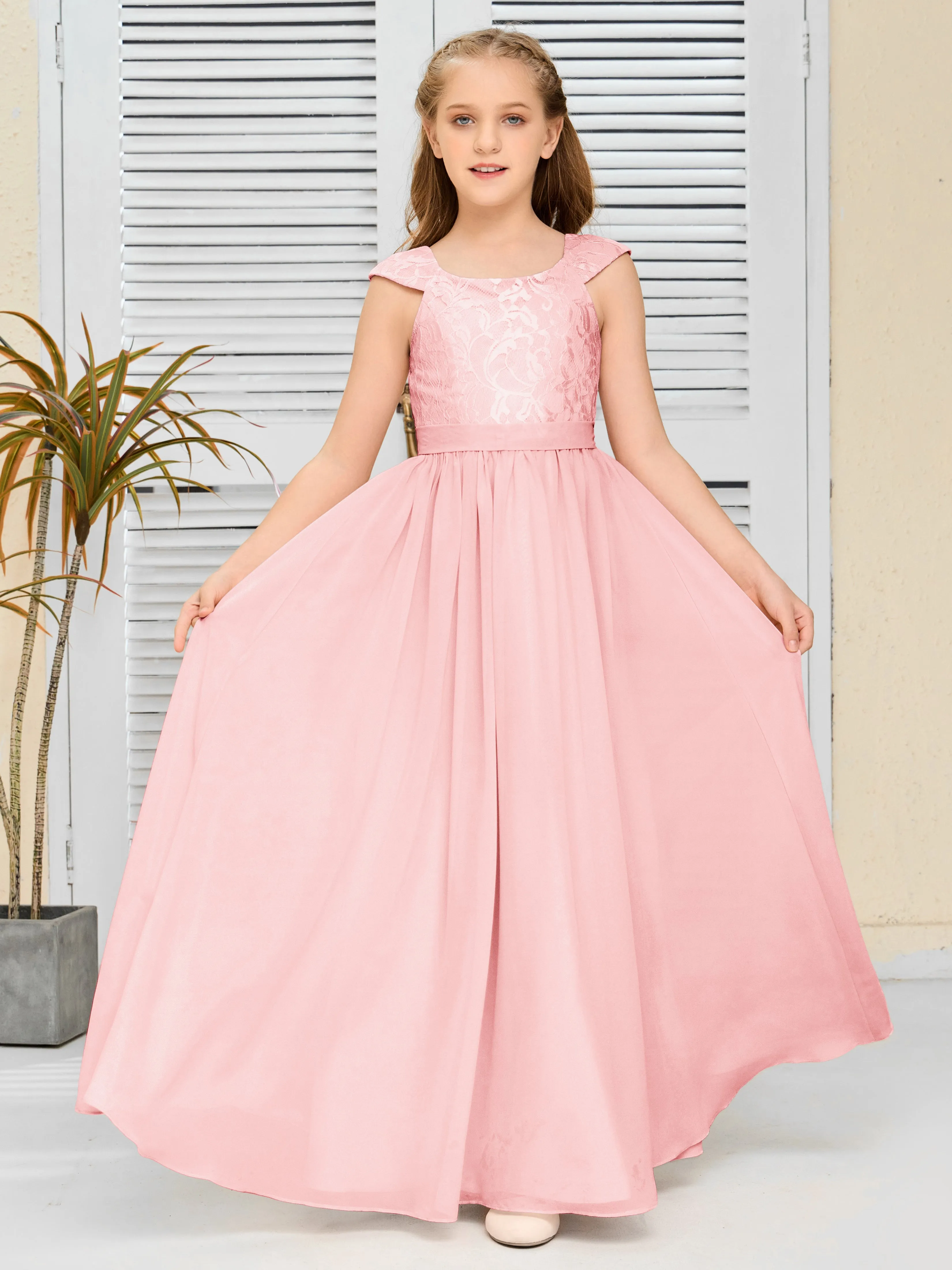 Round Neck Cap Sleeves Chiffon Junior Bridesmaid Dress