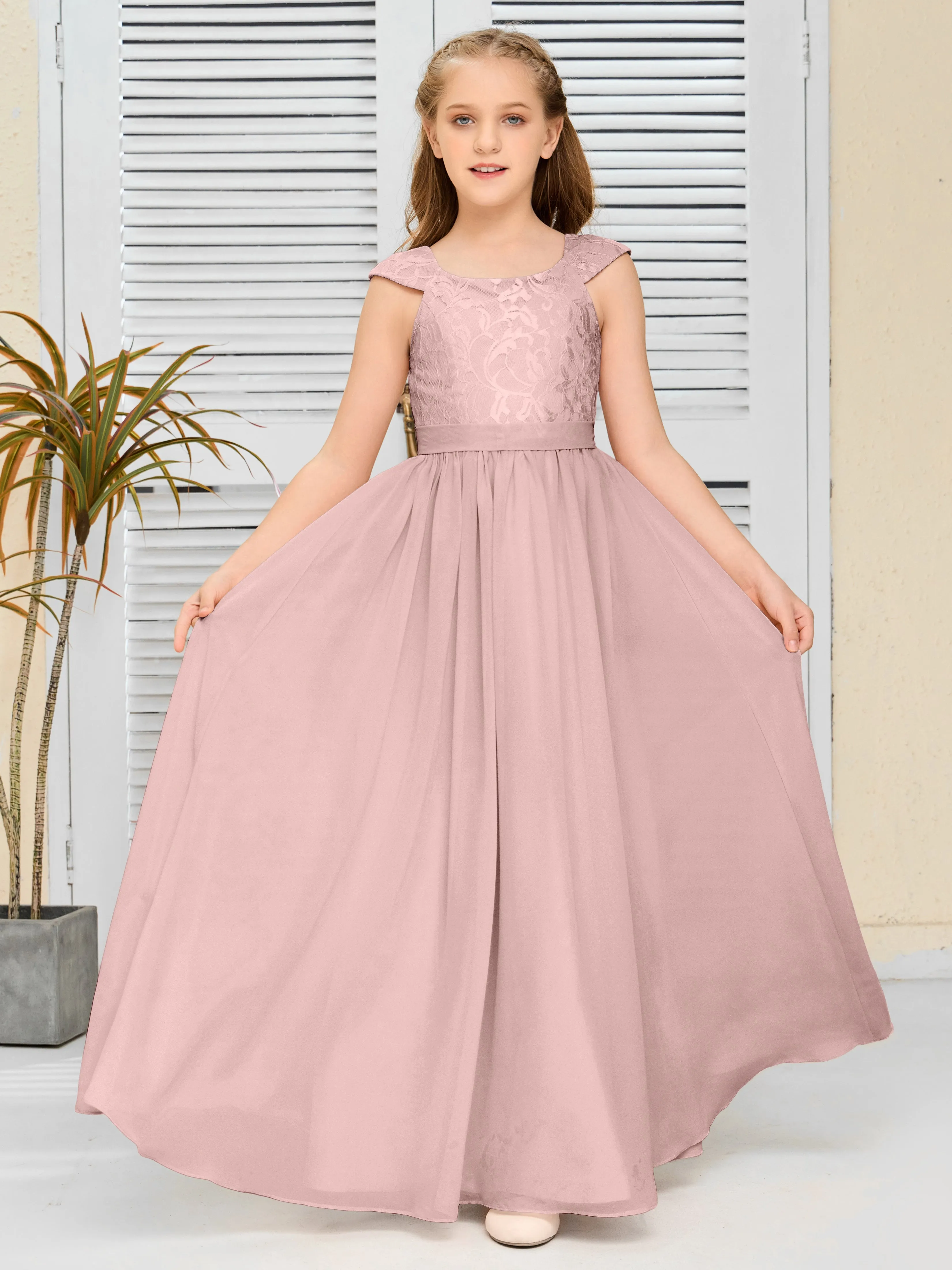 Round Neck Cap Sleeves Chiffon Junior Bridesmaid Dress