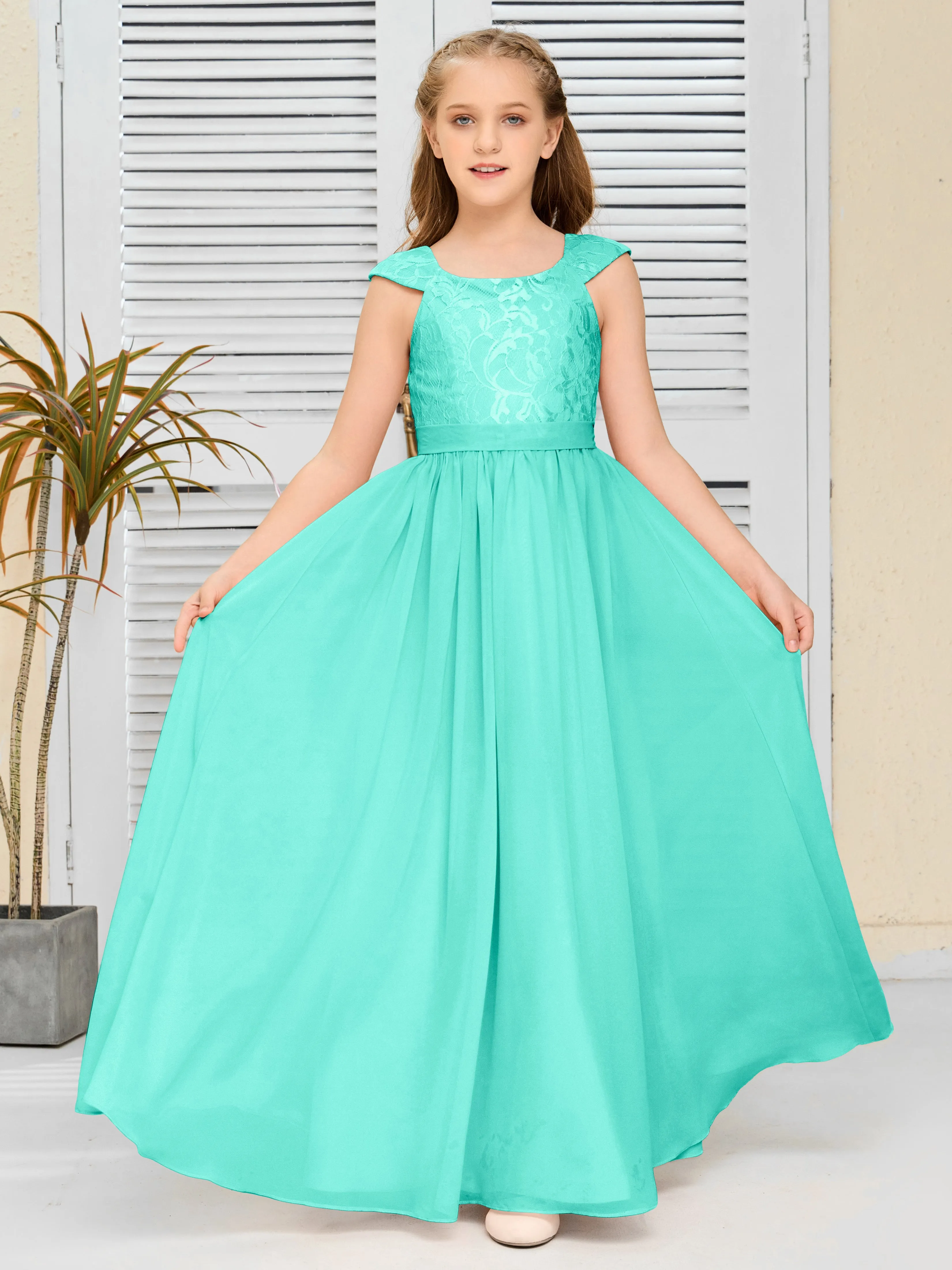 Round Neck Cap Sleeves Chiffon Junior Bridesmaid Dress