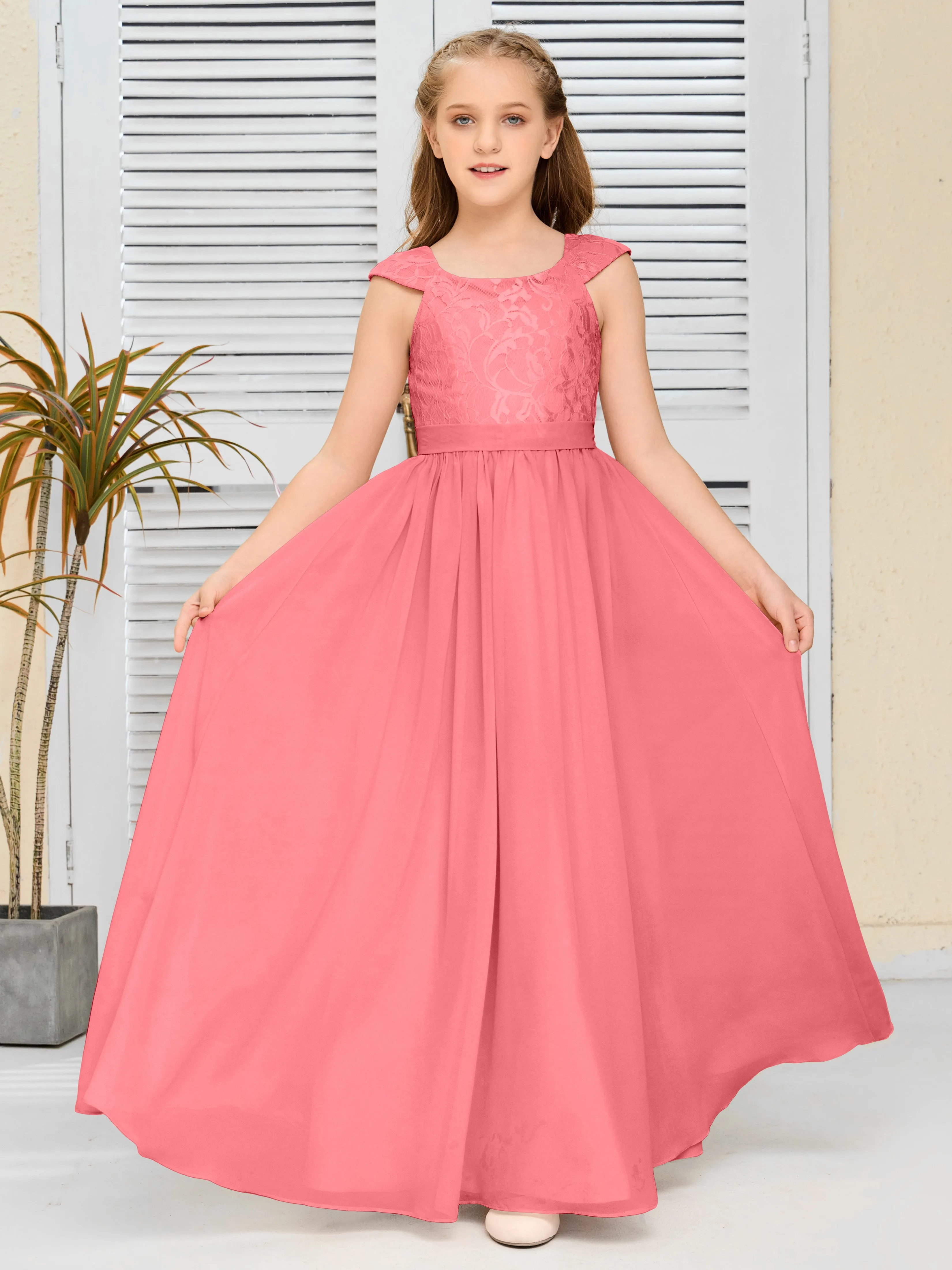 Round Neck Cap Sleeves Chiffon Junior Bridesmaid Dress