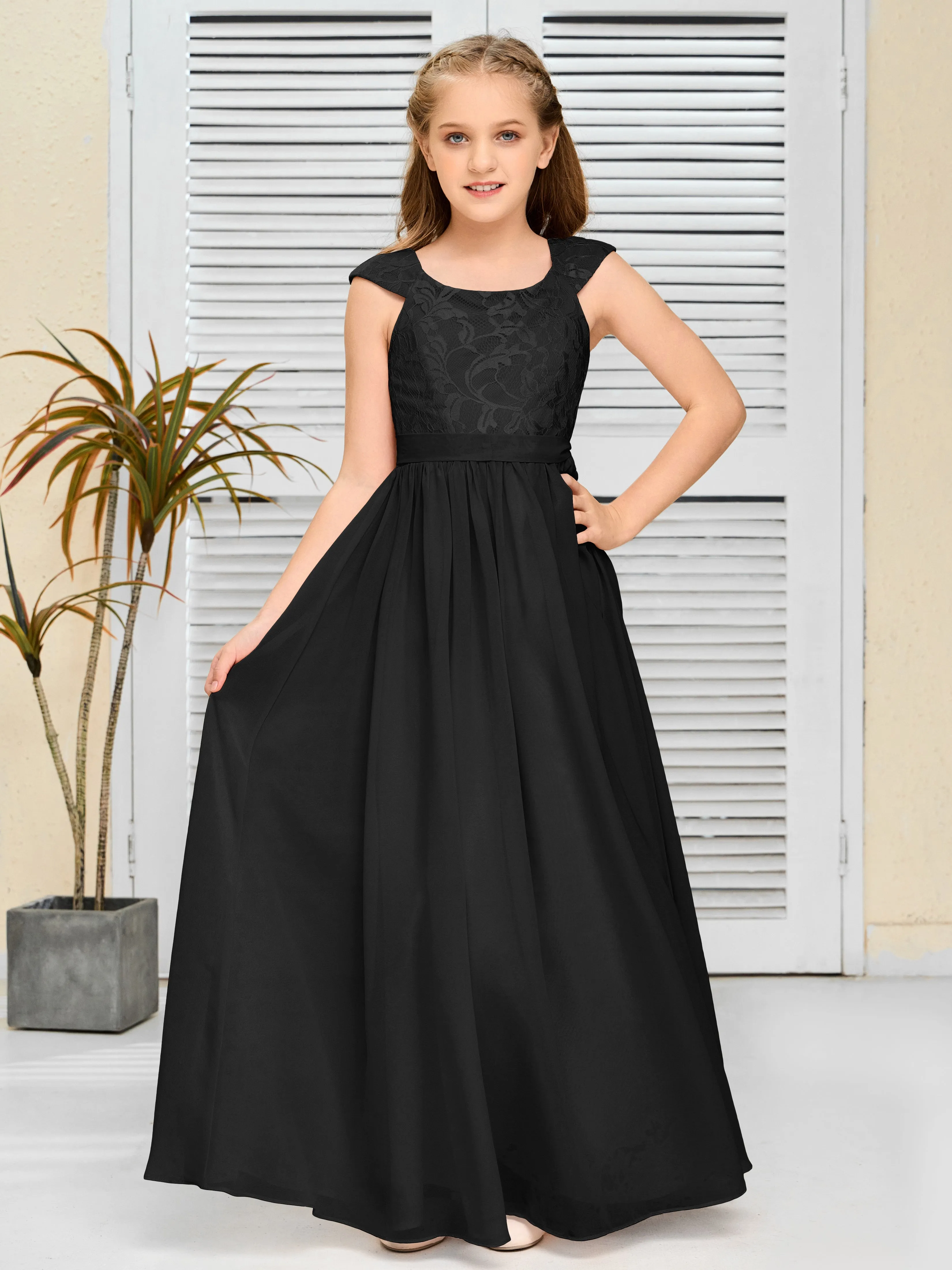 Round Neck Cap Sleeves Chiffon Junior Bridesmaid Dress