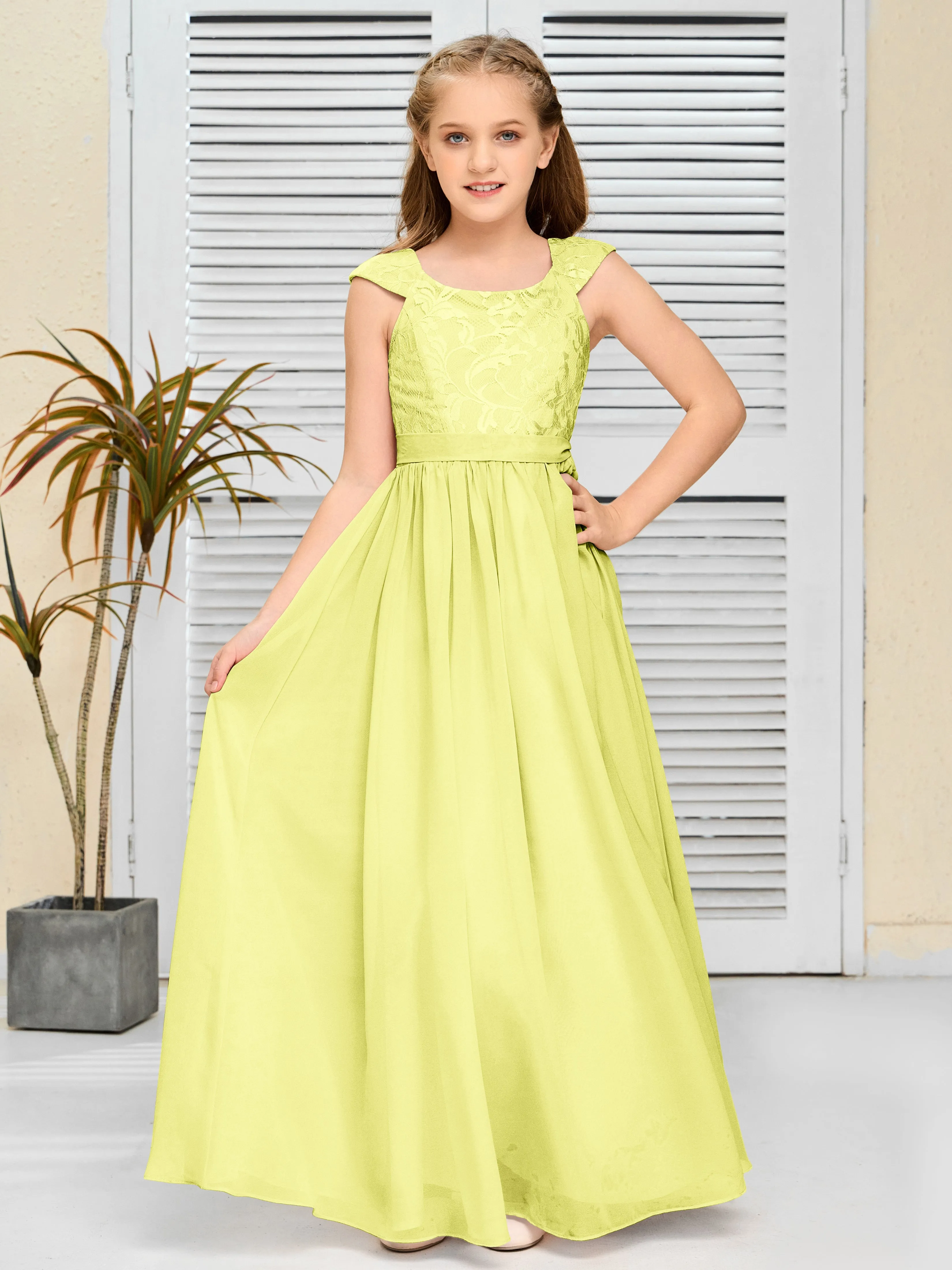 Round Neck Cap Sleeves Chiffon Junior Bridesmaid Dress