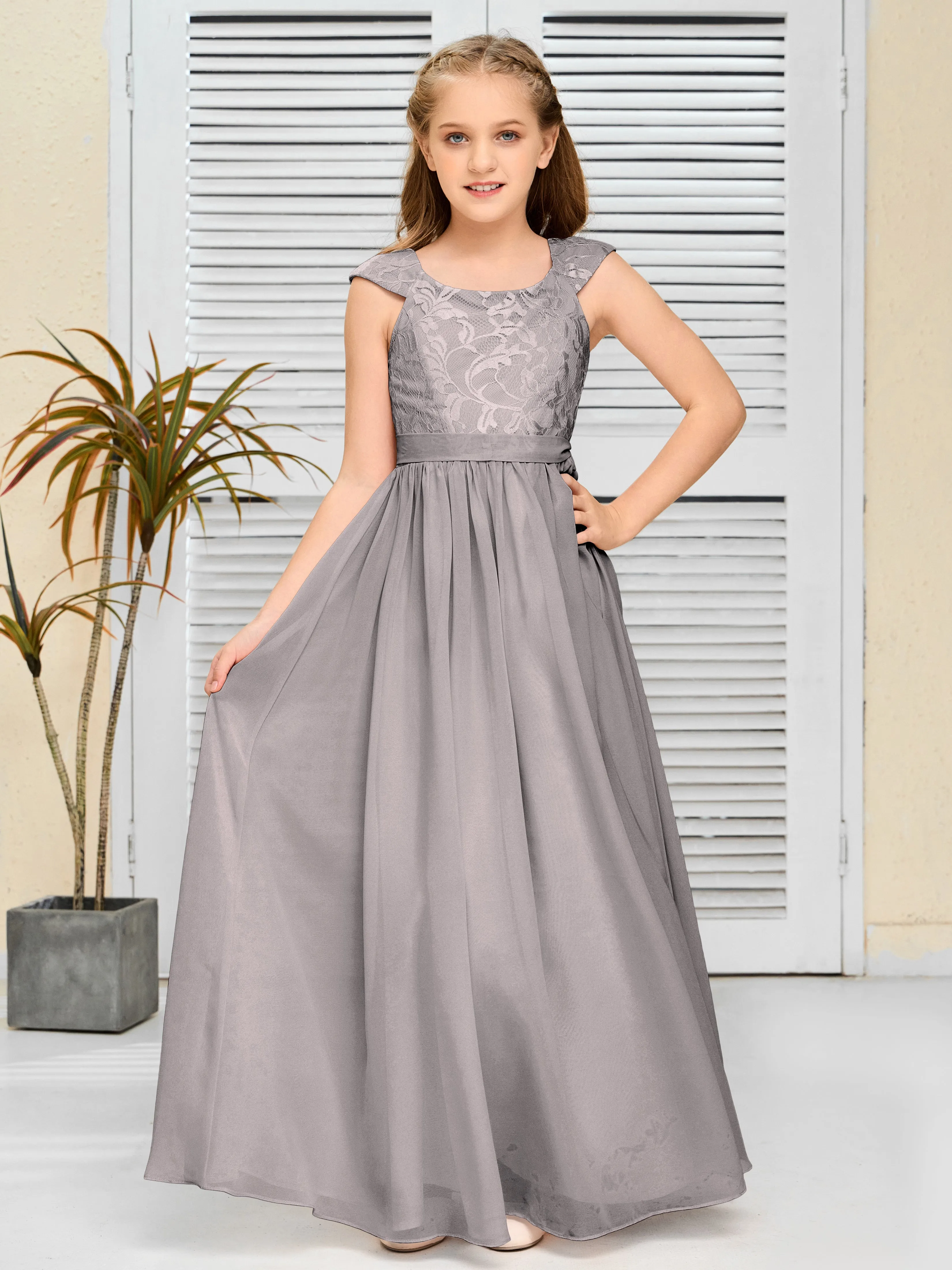 Round Neck Cap Sleeves Chiffon Junior Bridesmaid Dress