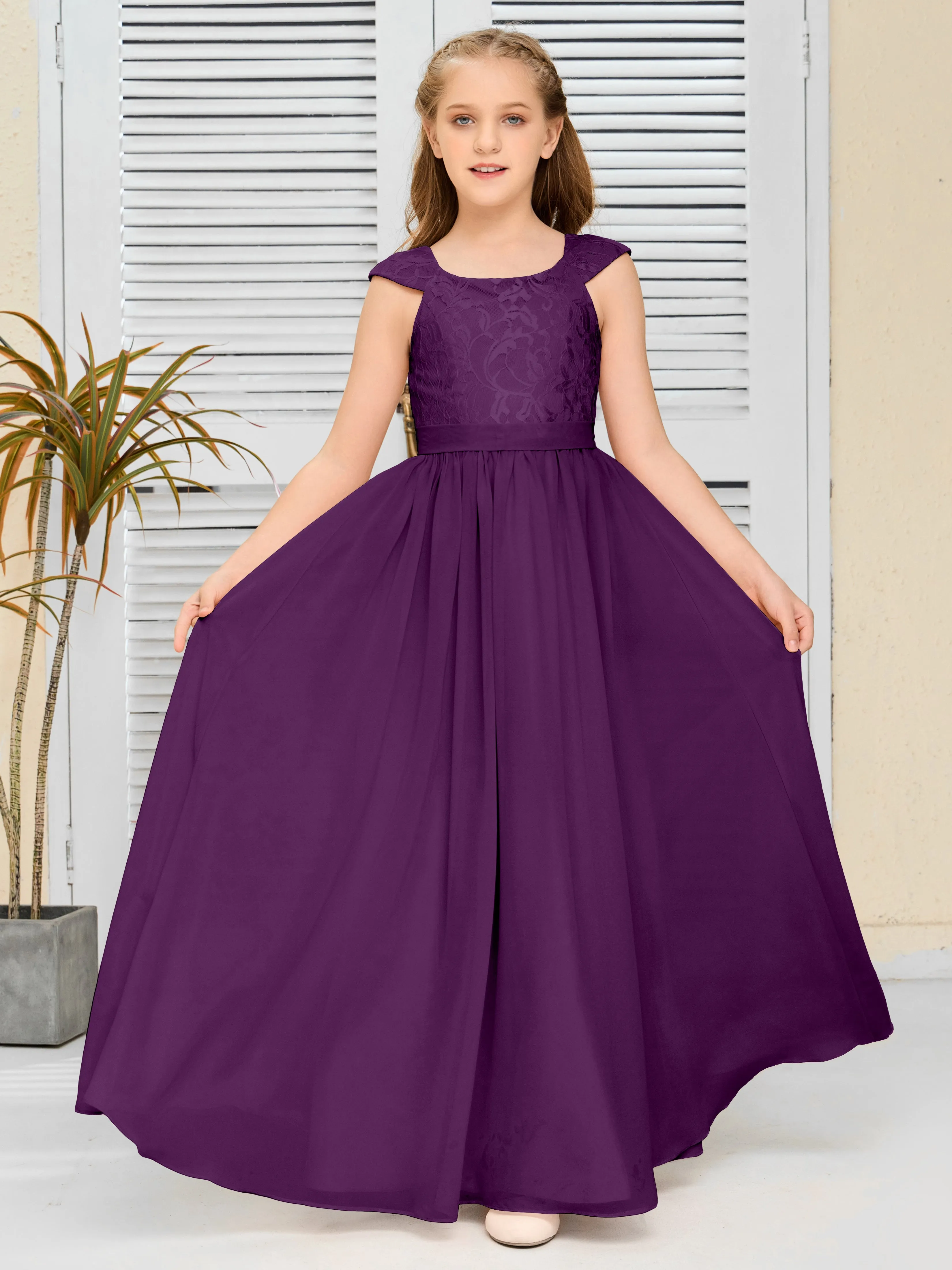 Round Neck Cap Sleeves Chiffon Junior Bridesmaid Dress