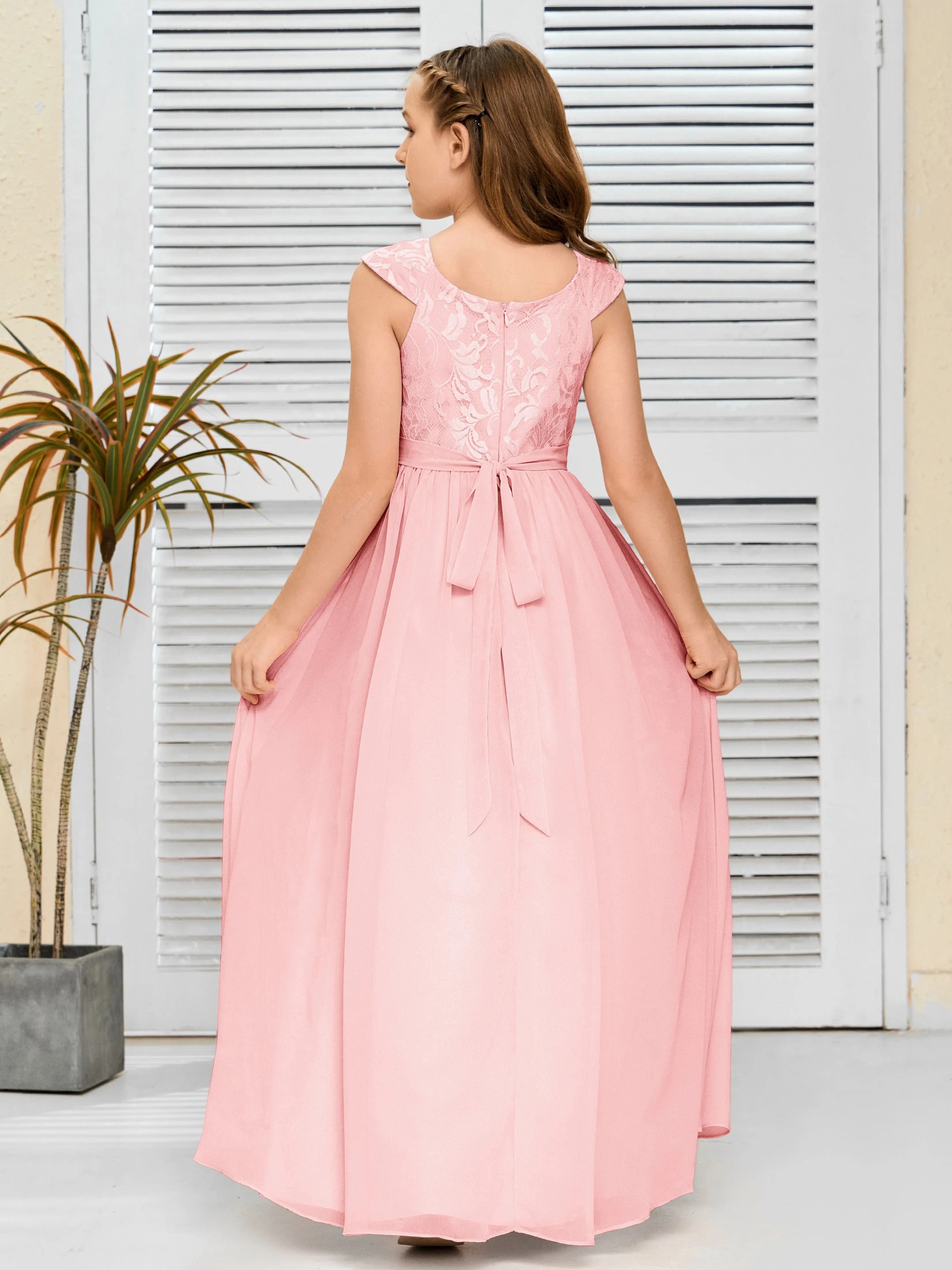 Round Neck Cap Sleeves Chiffon Junior Bridesmaid Dress