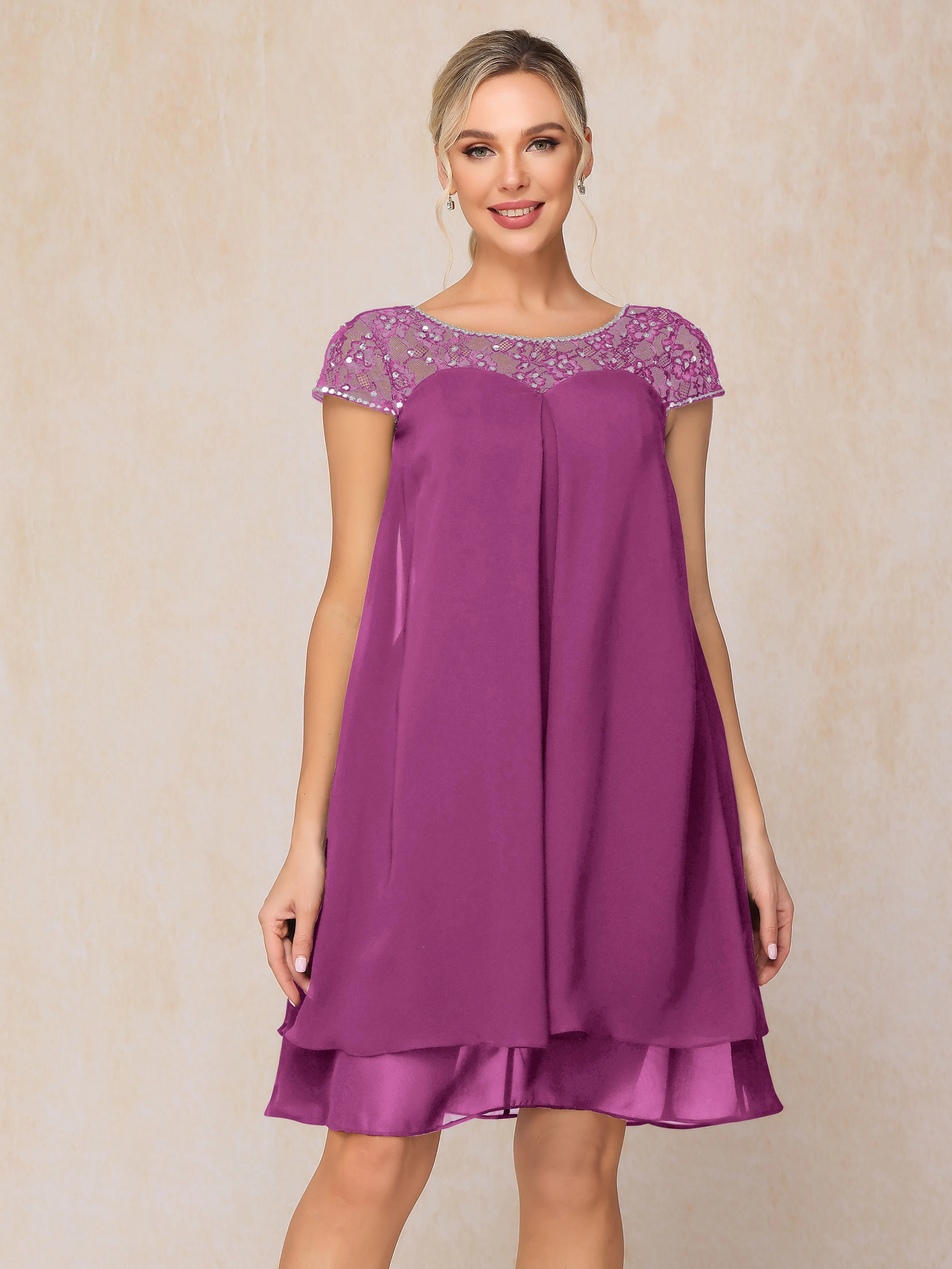 Scoop Cap Sleeves Knee Length Chiffon Mother of the Bride Dress With Lace