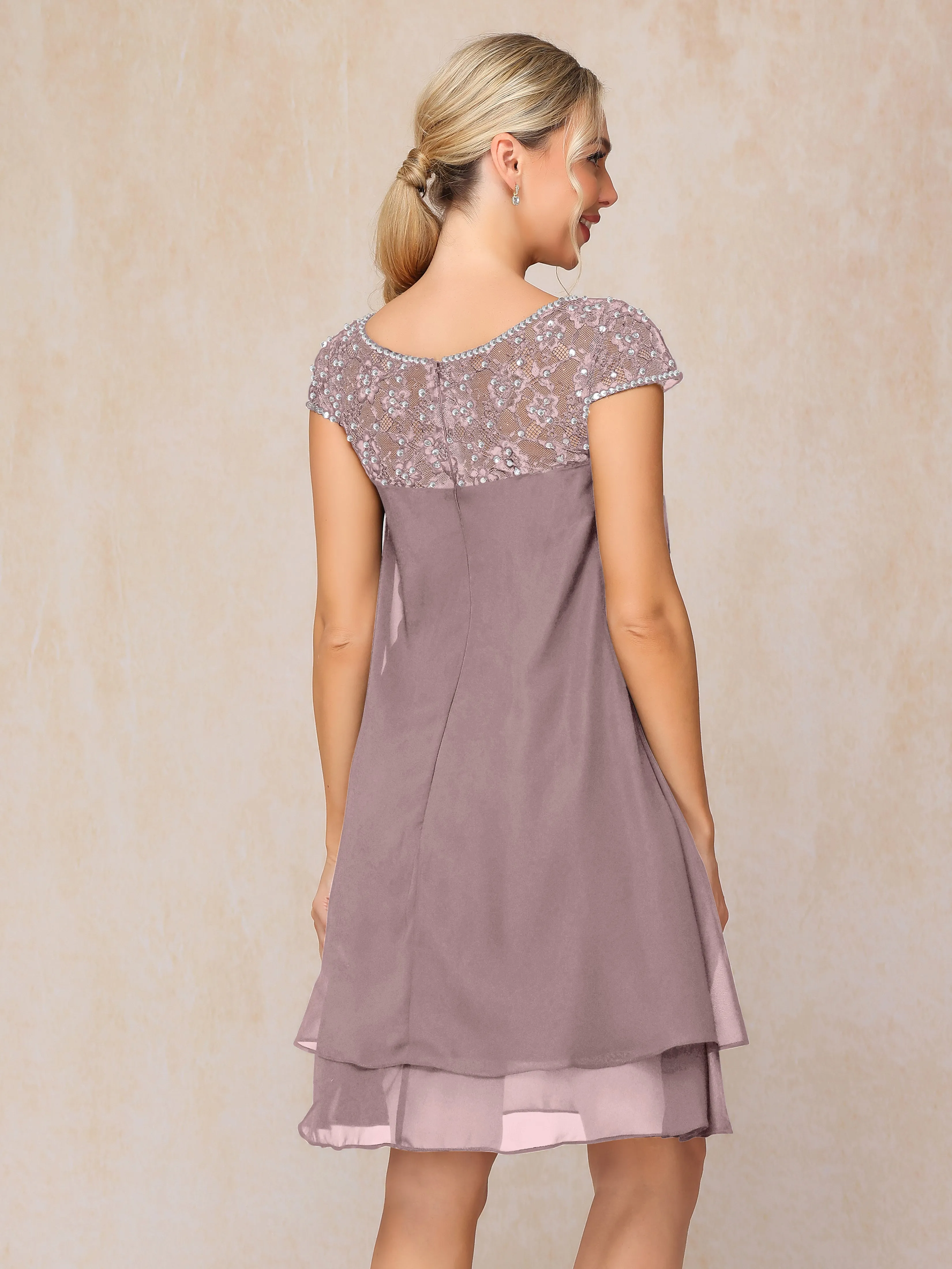 Scoop Cap Sleeves Knee Length Chiffon Mother of the Bride Dress With Lace