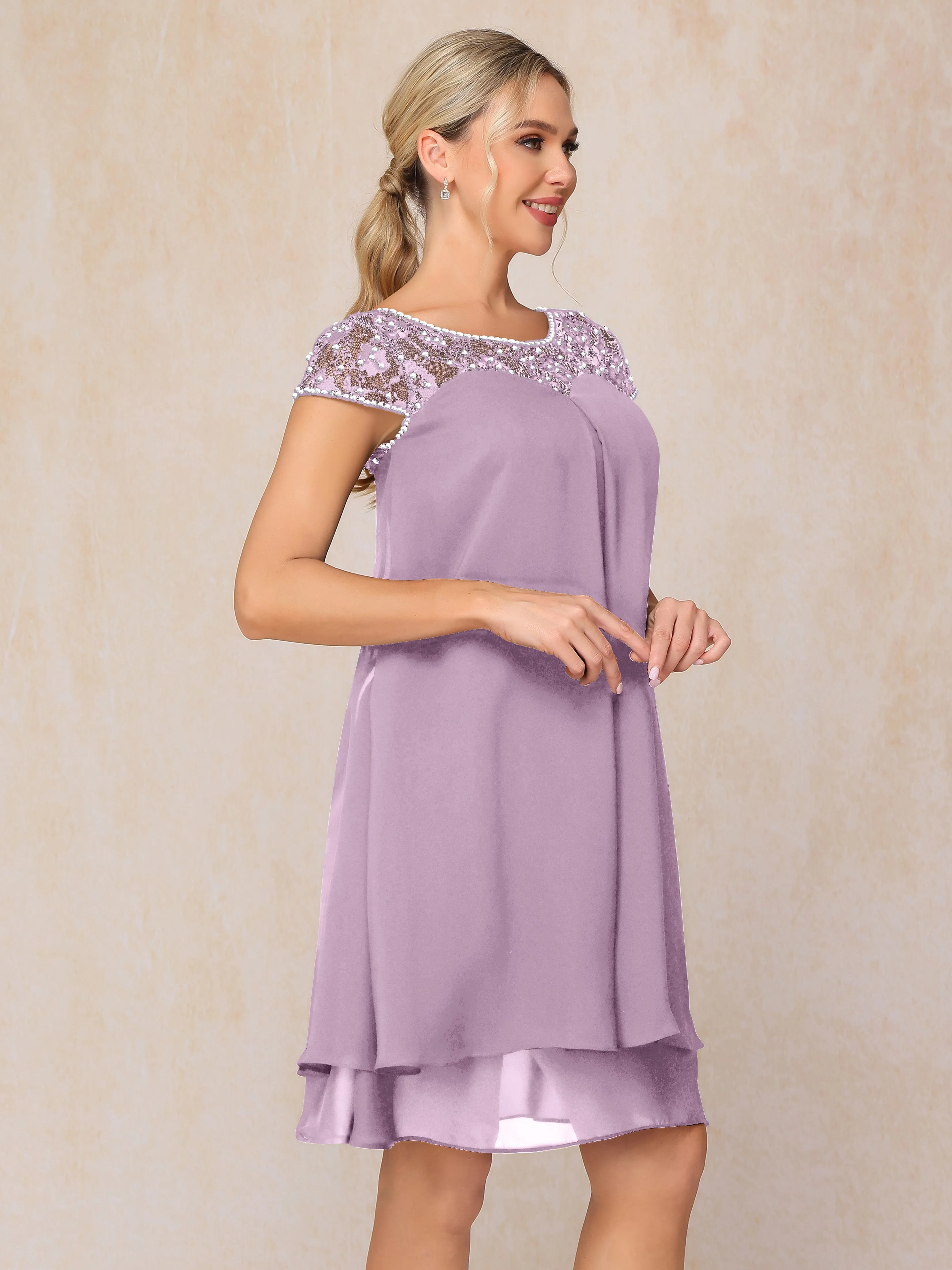 Scoop Cap Sleeves Knee Length Chiffon Mother of the Bride Dress With Lace