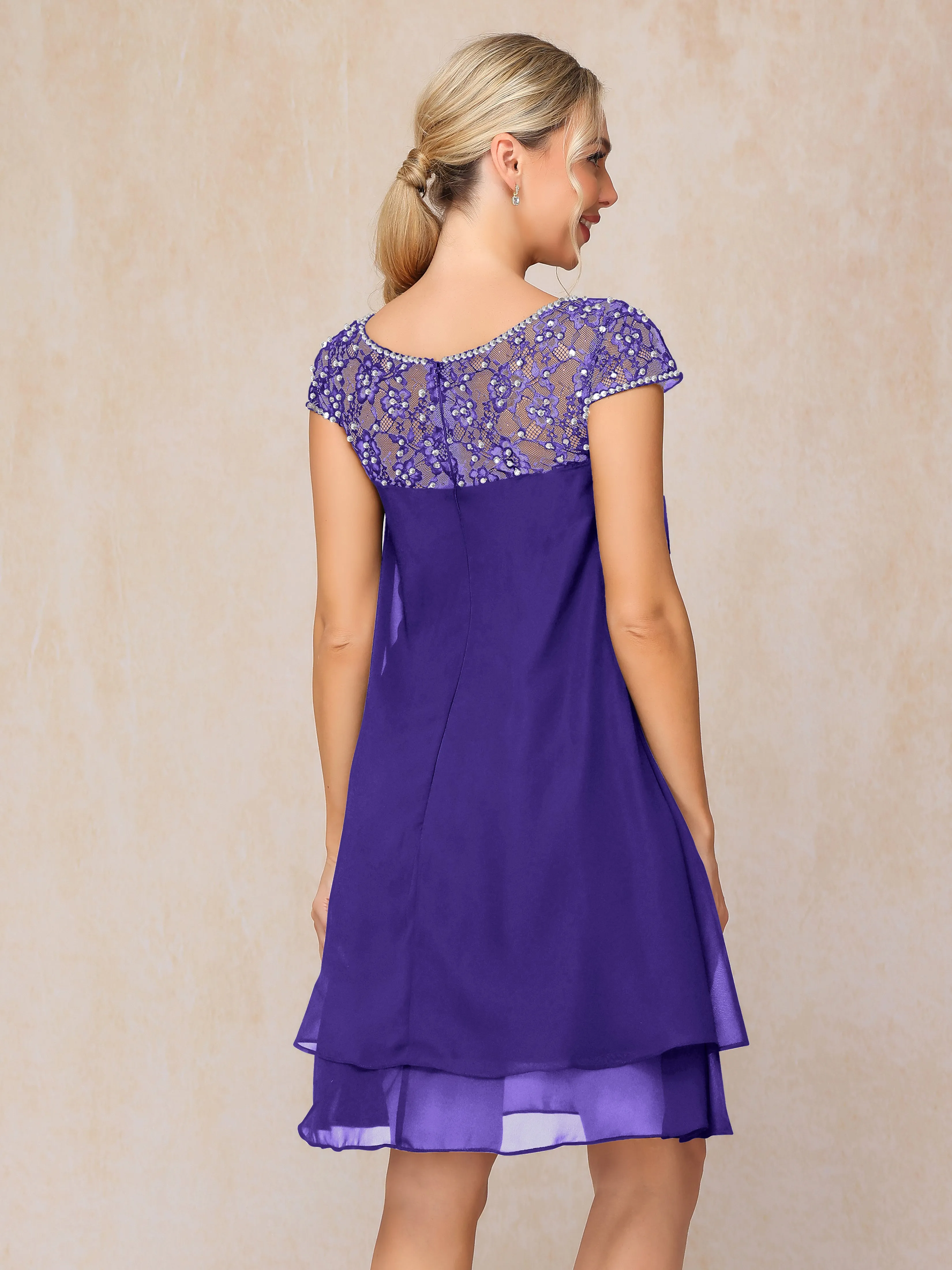 Scoop Cap Sleeves Knee Length Chiffon Mother of the Bride Dress With Lace