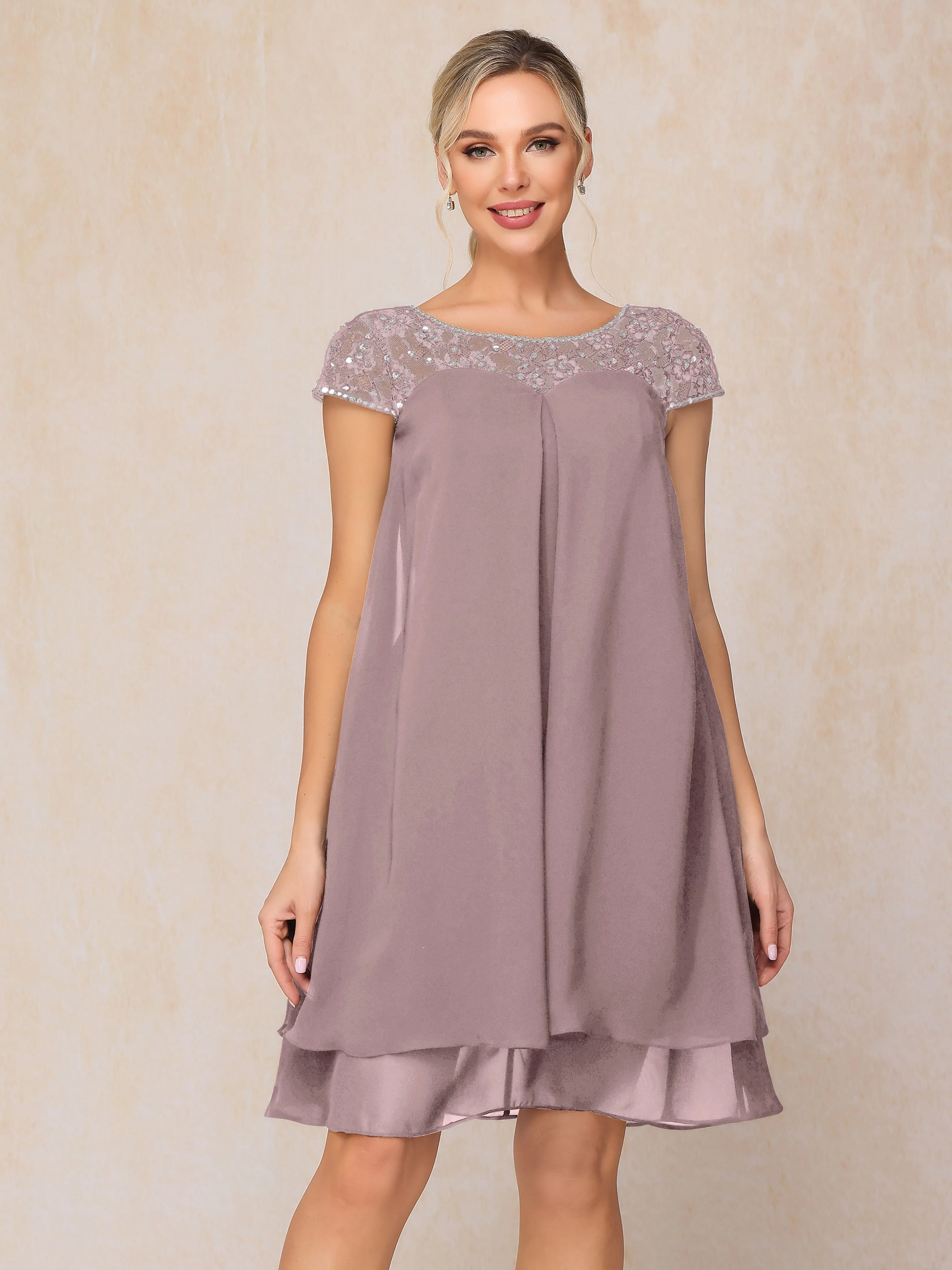 Scoop Cap Sleeves Knee Length Chiffon Mother of the Bride Dress With Lace