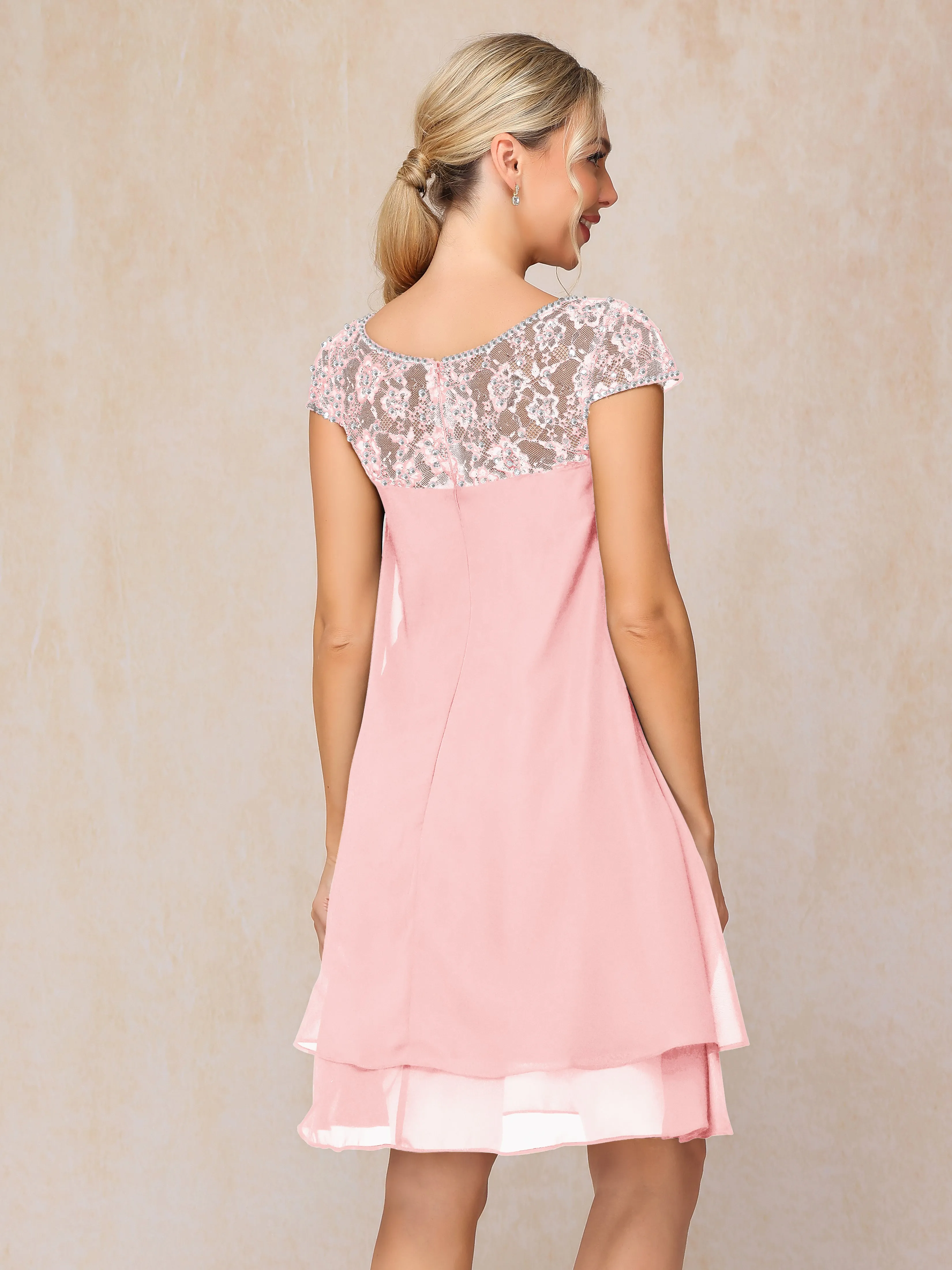 Scoop Cap Sleeves Knee Length Chiffon Mother of the Bride Dress With Lace