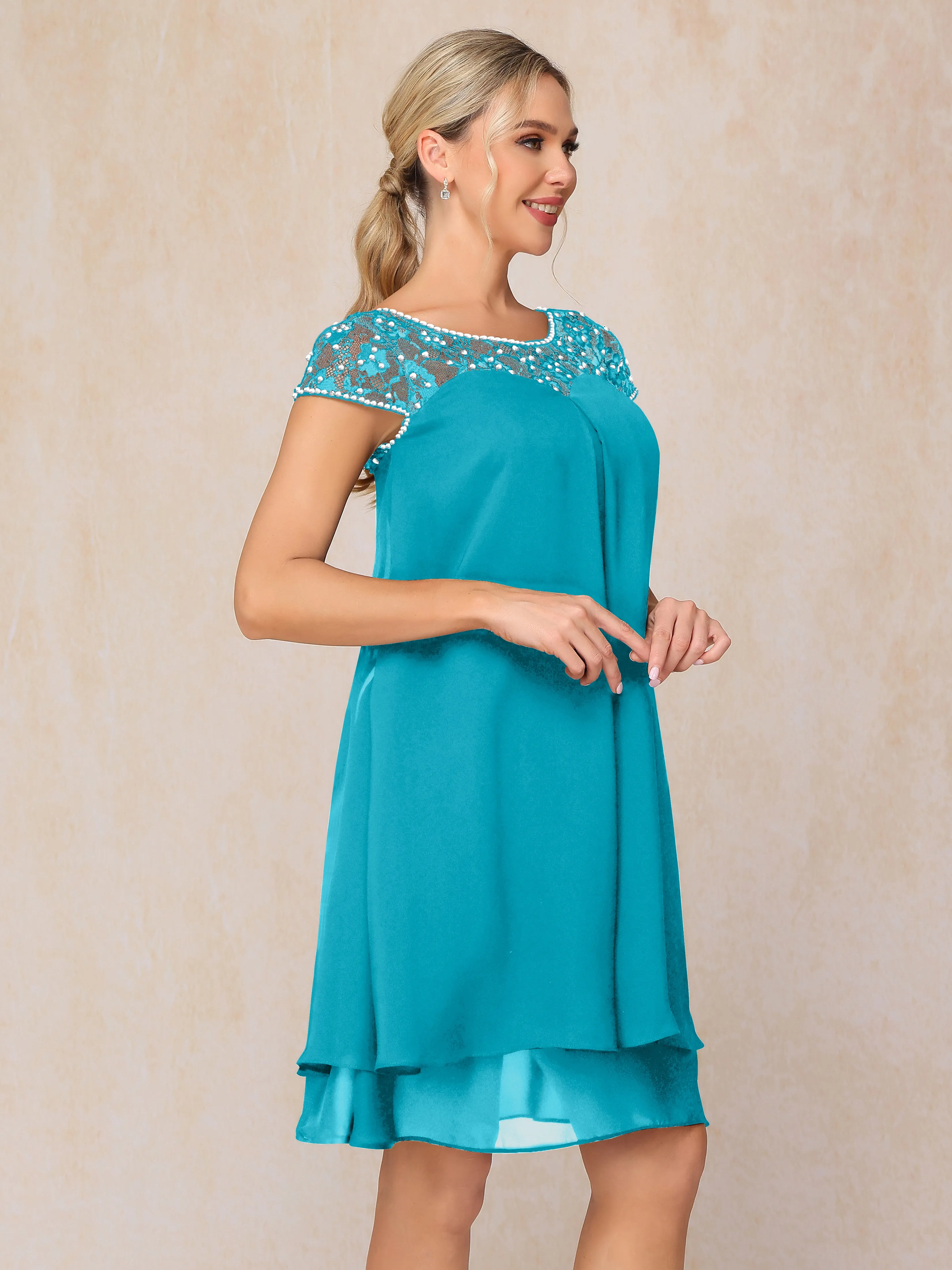 Scoop Cap Sleeves Knee Length Chiffon Mother of the Bride Dress With Lace