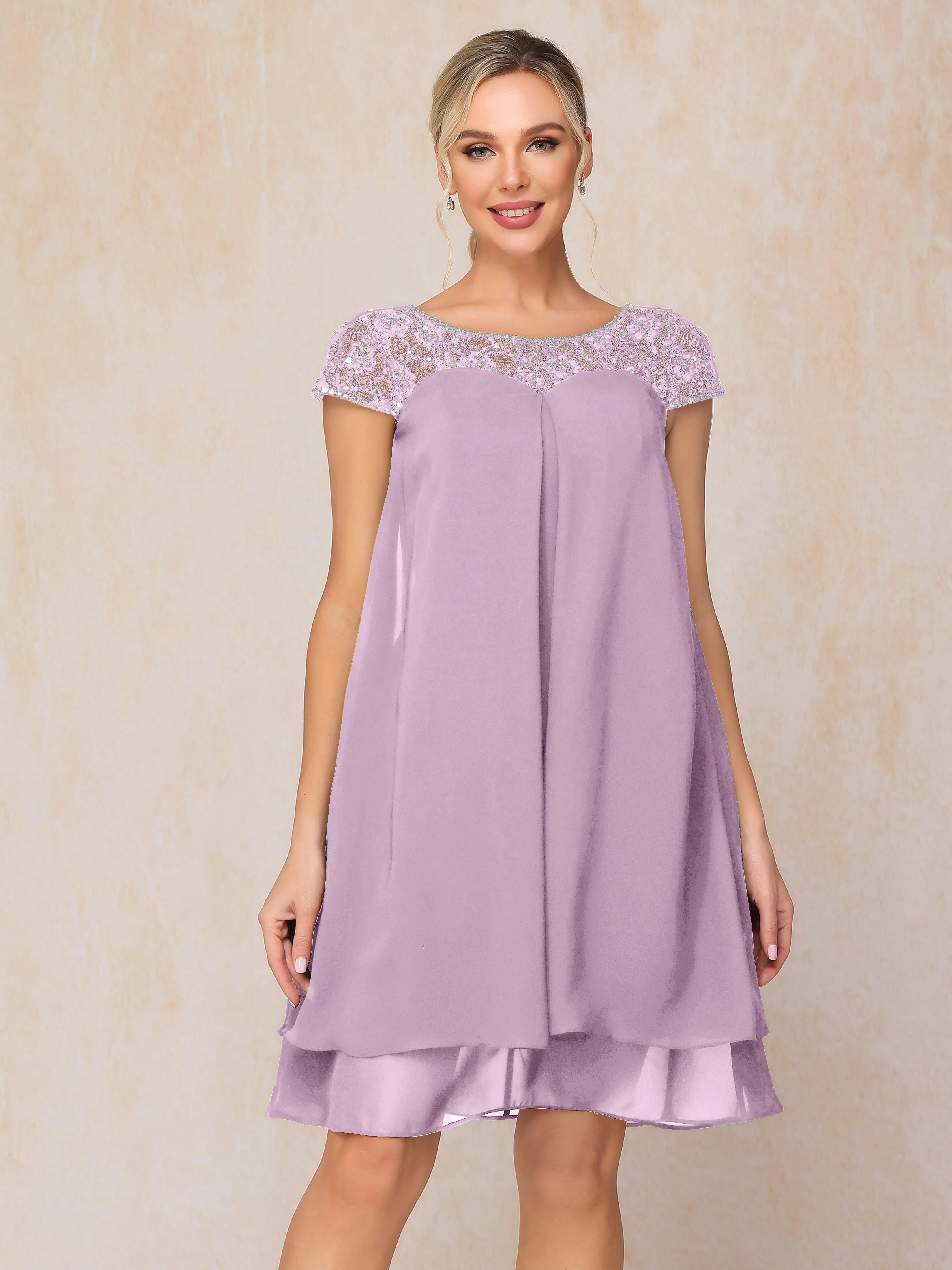 Scoop Cap Sleeves Knee Length Chiffon Mother of the Bride Dress With Lace