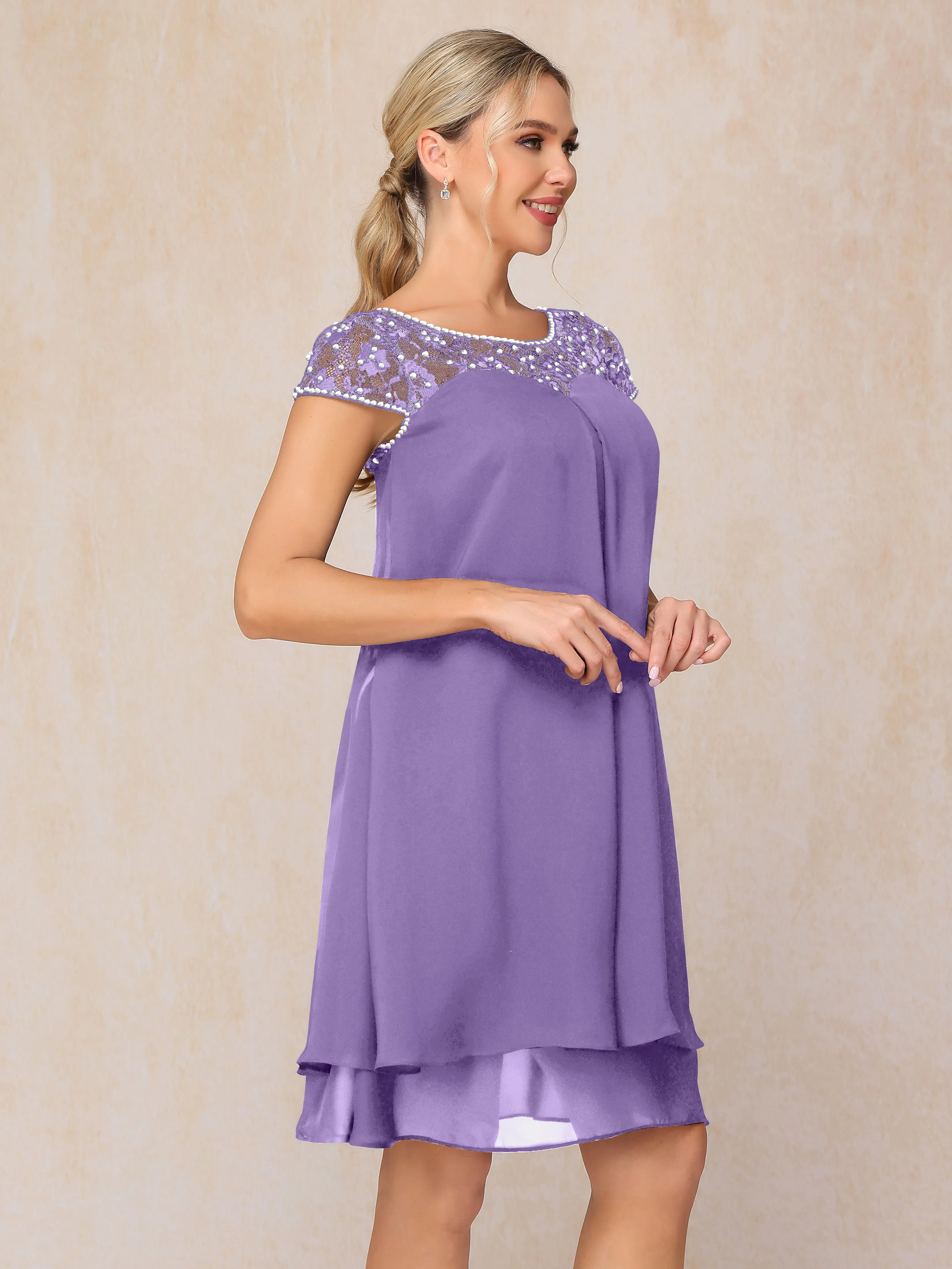 Scoop Cap Sleeves Knee Length Chiffon Mother of the Bride Dress With Lace