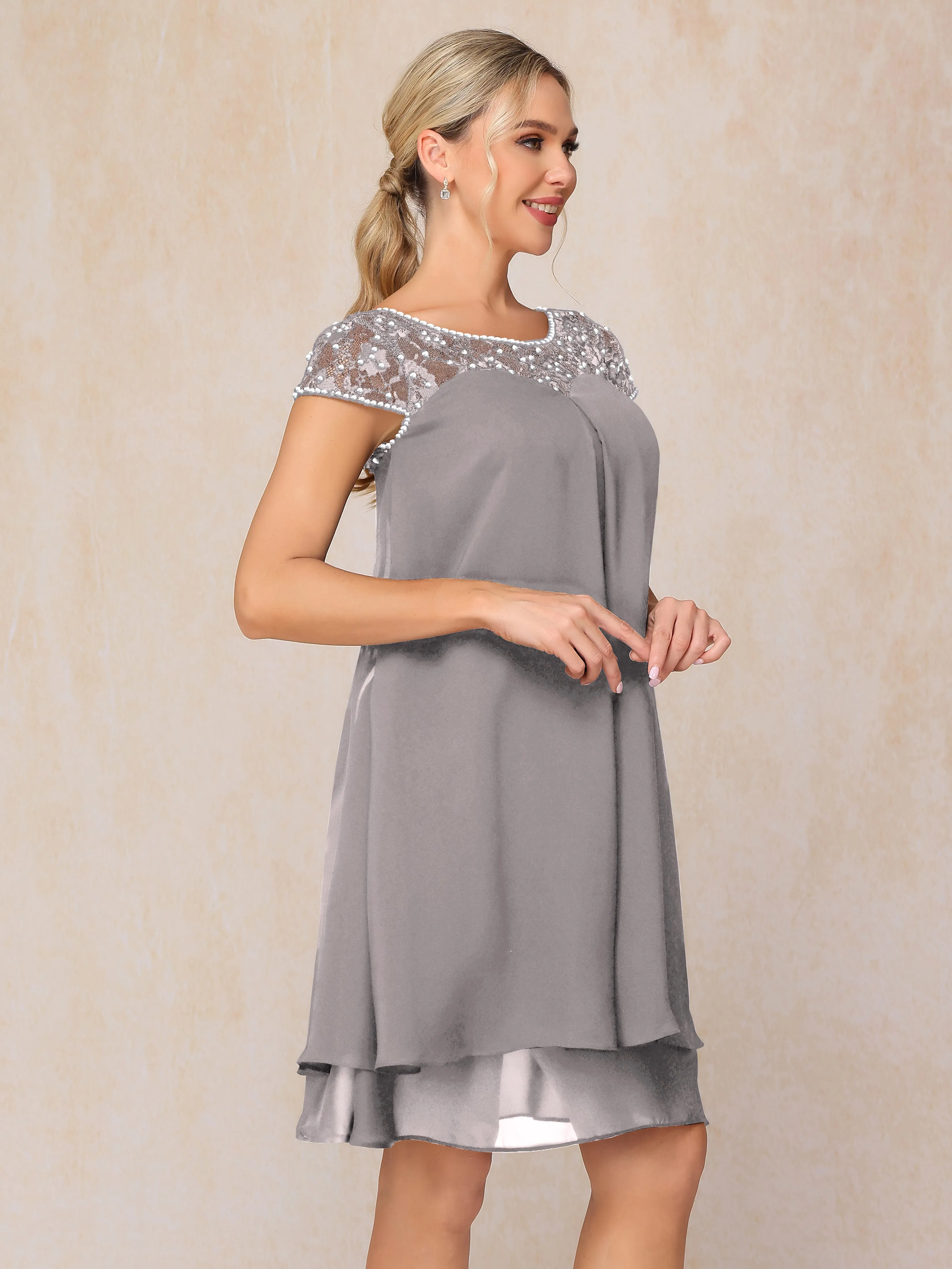 Scoop Cap Sleeves Knee Length Chiffon Mother of the Bride Dress With Lace