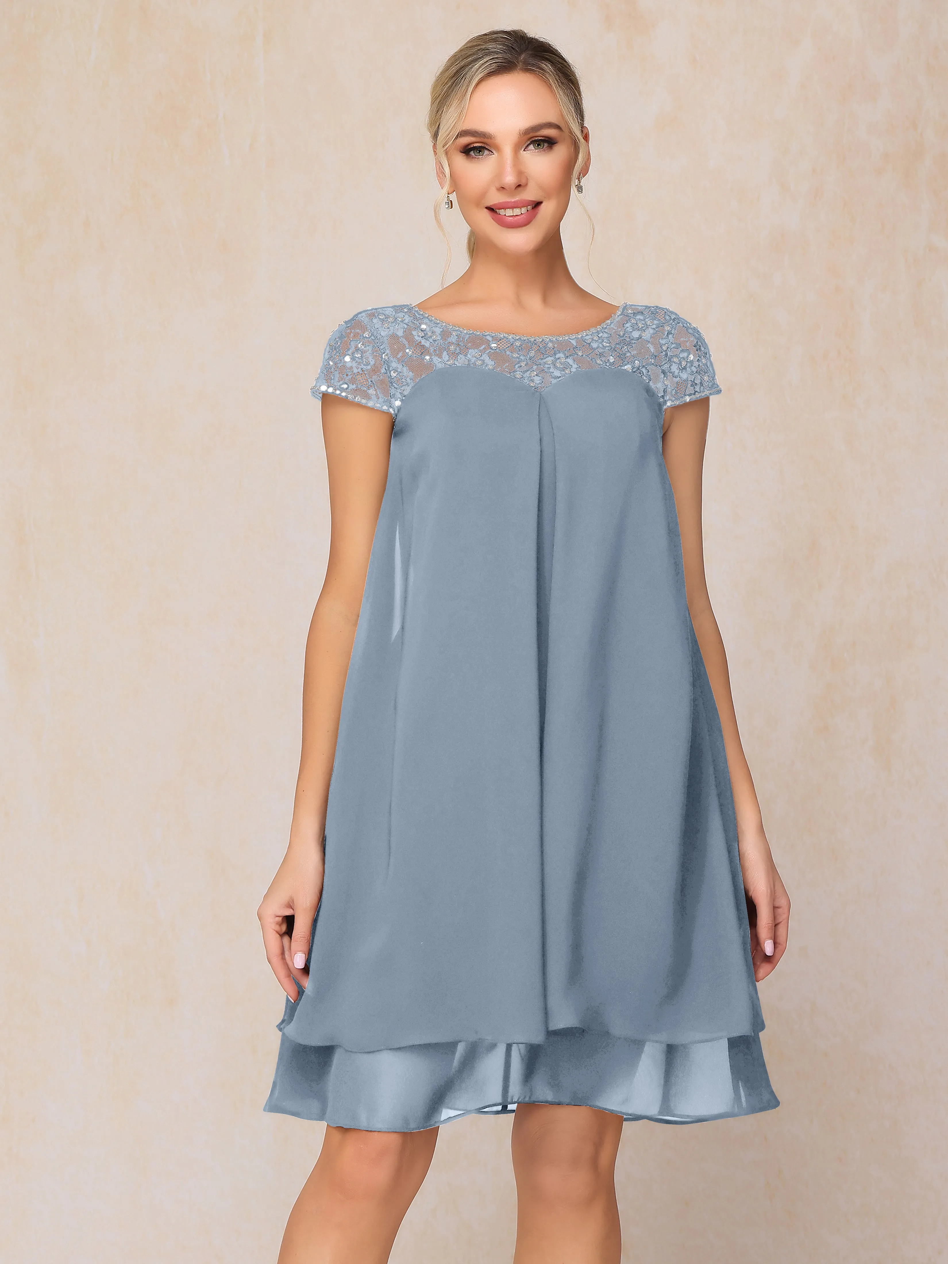 Scoop Cap Sleeves Knee Length Chiffon Mother of the Bride Dress With Lace