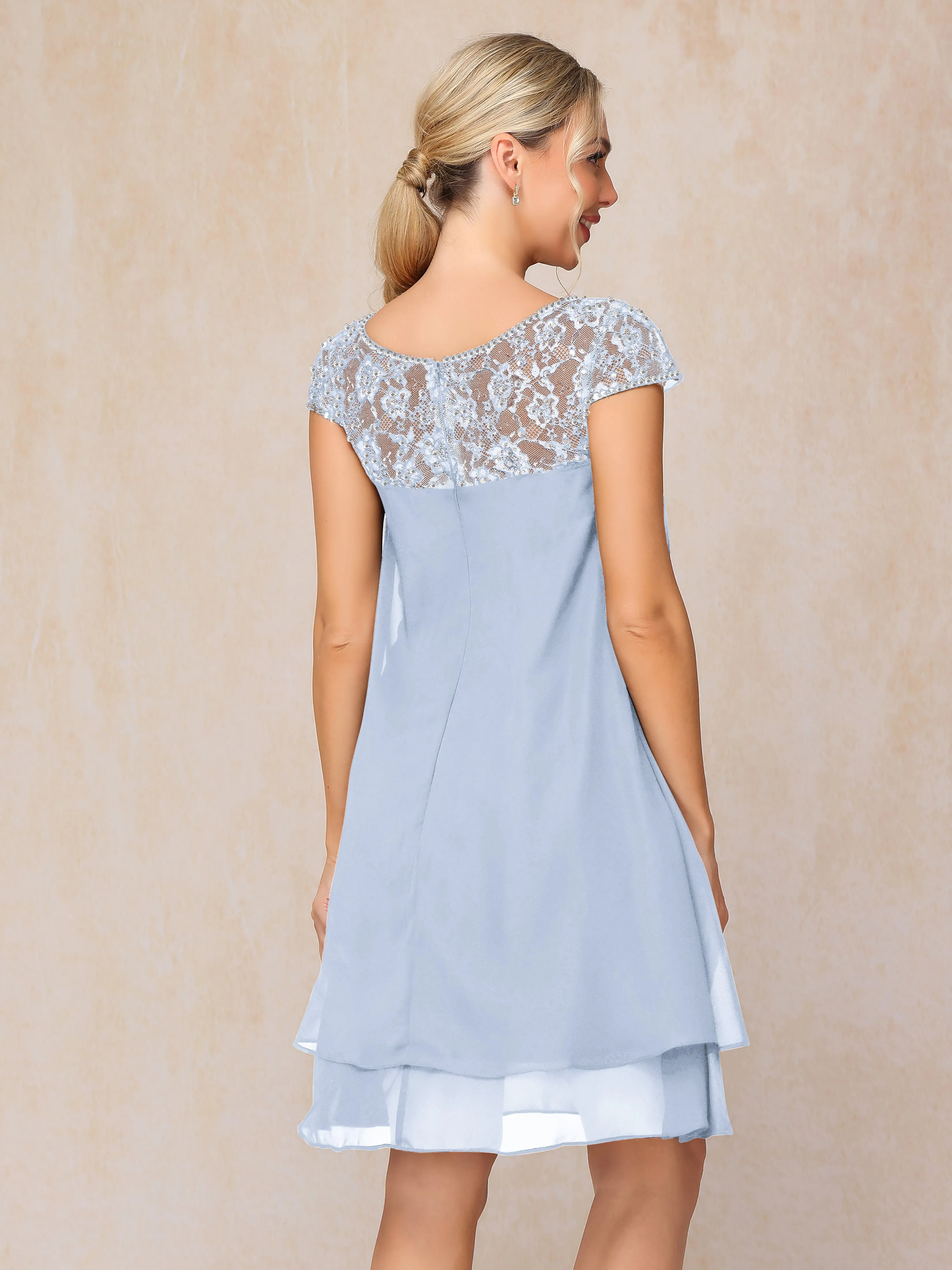 Scoop Cap Sleeves Knee Length Chiffon Mother of the Bride Dress With Lace