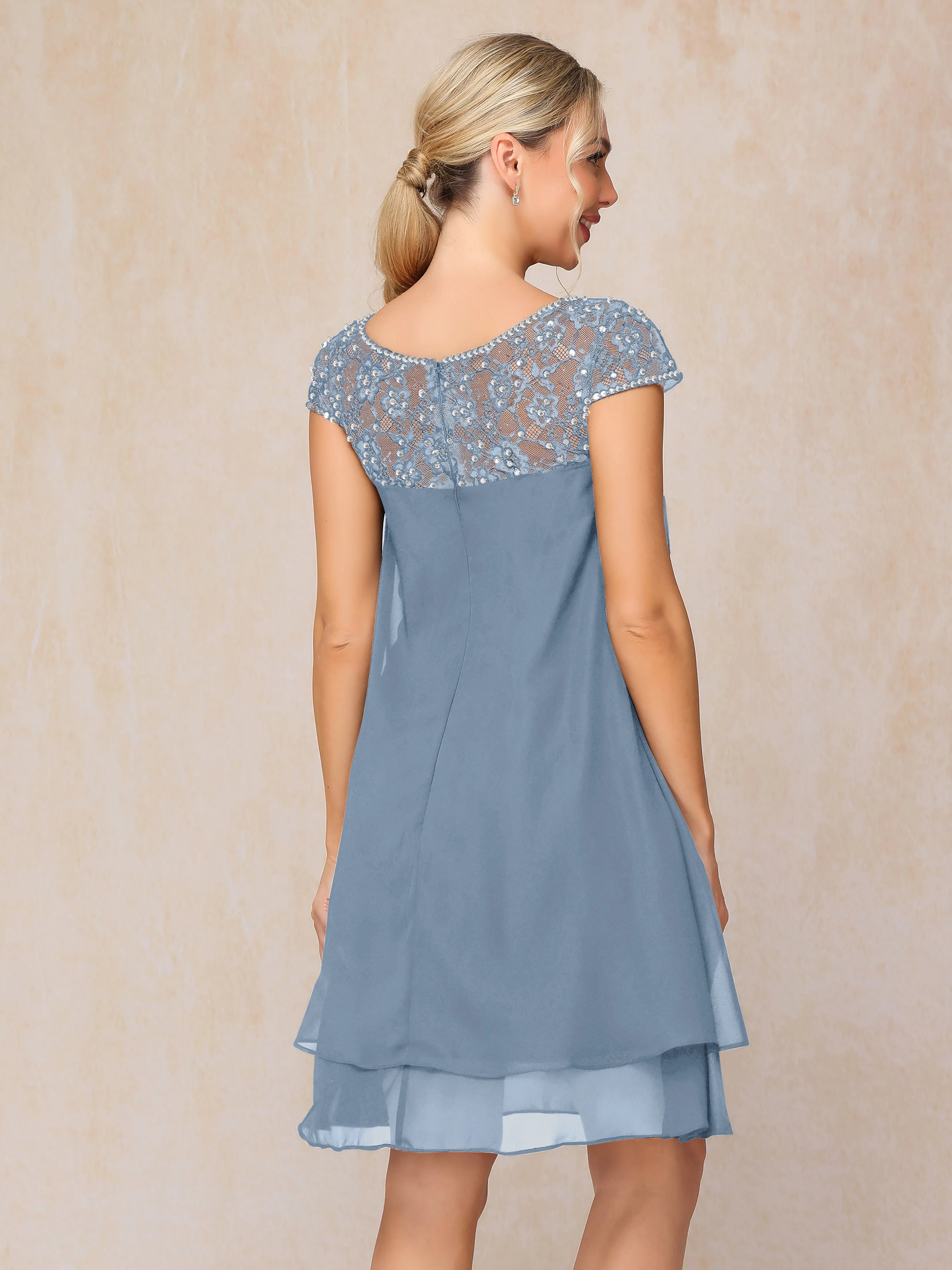 Scoop Cap Sleeves Knee Length Chiffon Mother of the Bride Dress With Lace