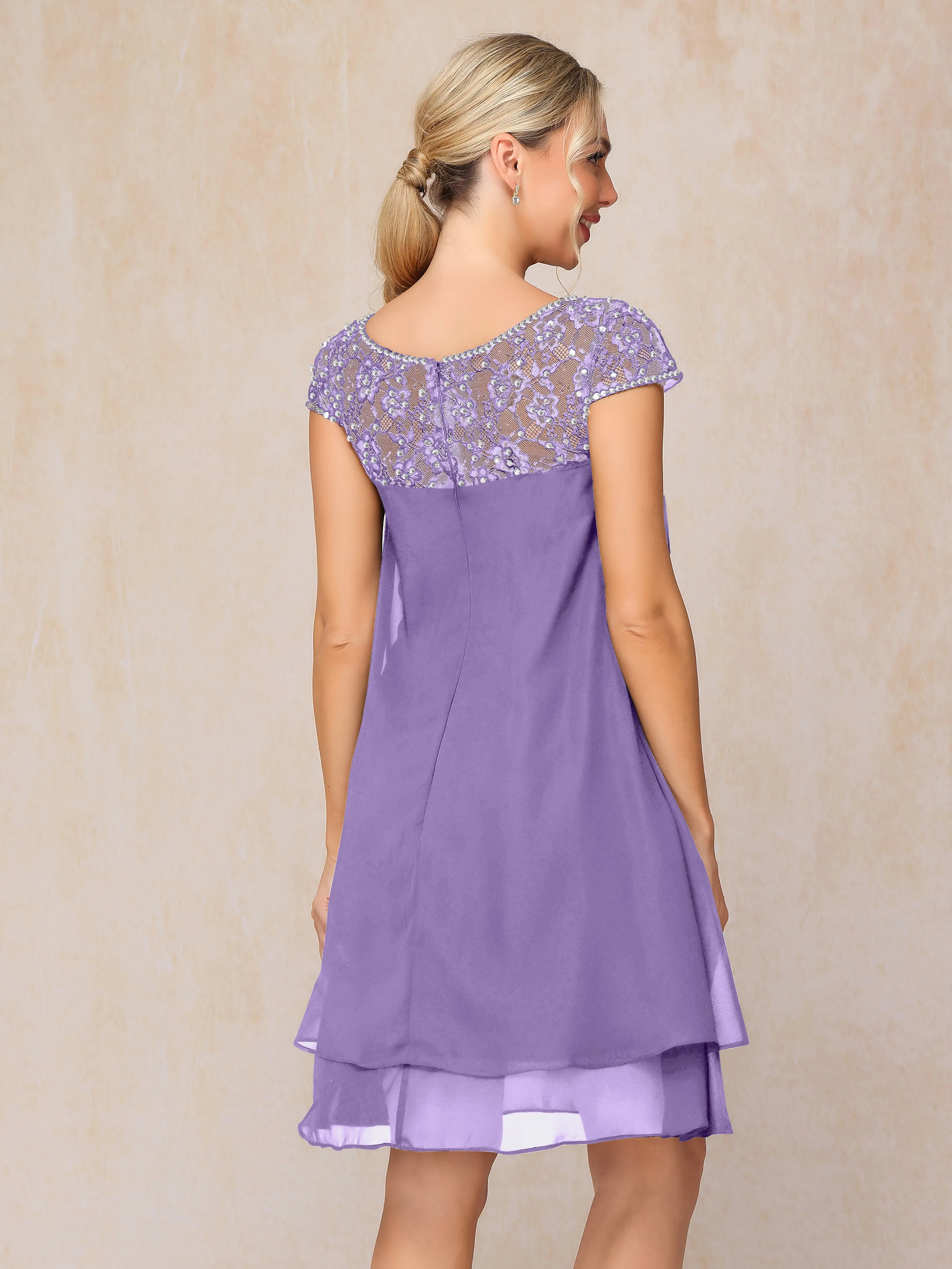 Scoop Cap Sleeves Knee Length Chiffon Mother of the Bride Dress With Lace