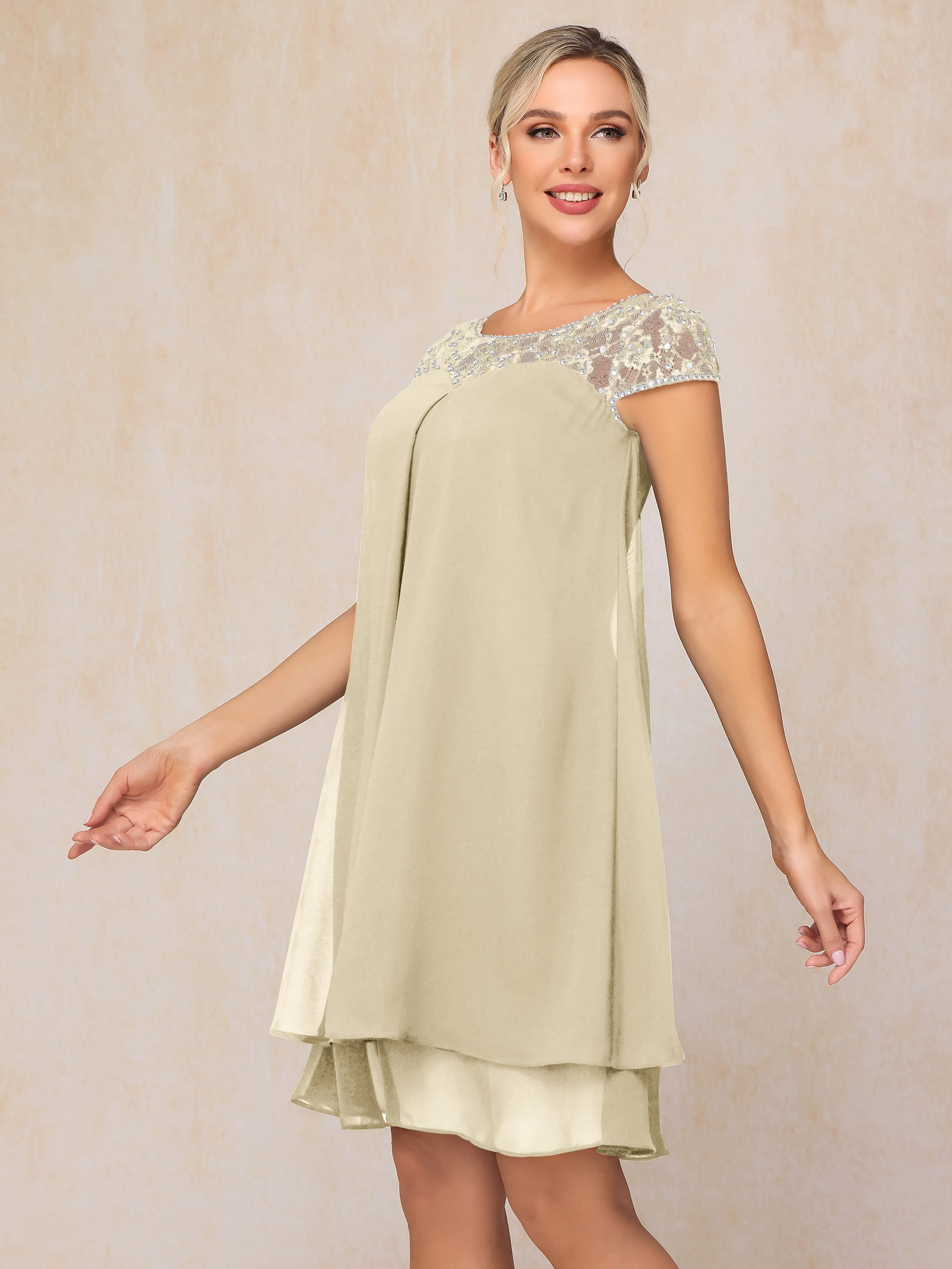 Scoop Cap Sleeves Knee Length Chiffon Mother of the Bride Dress With Lace