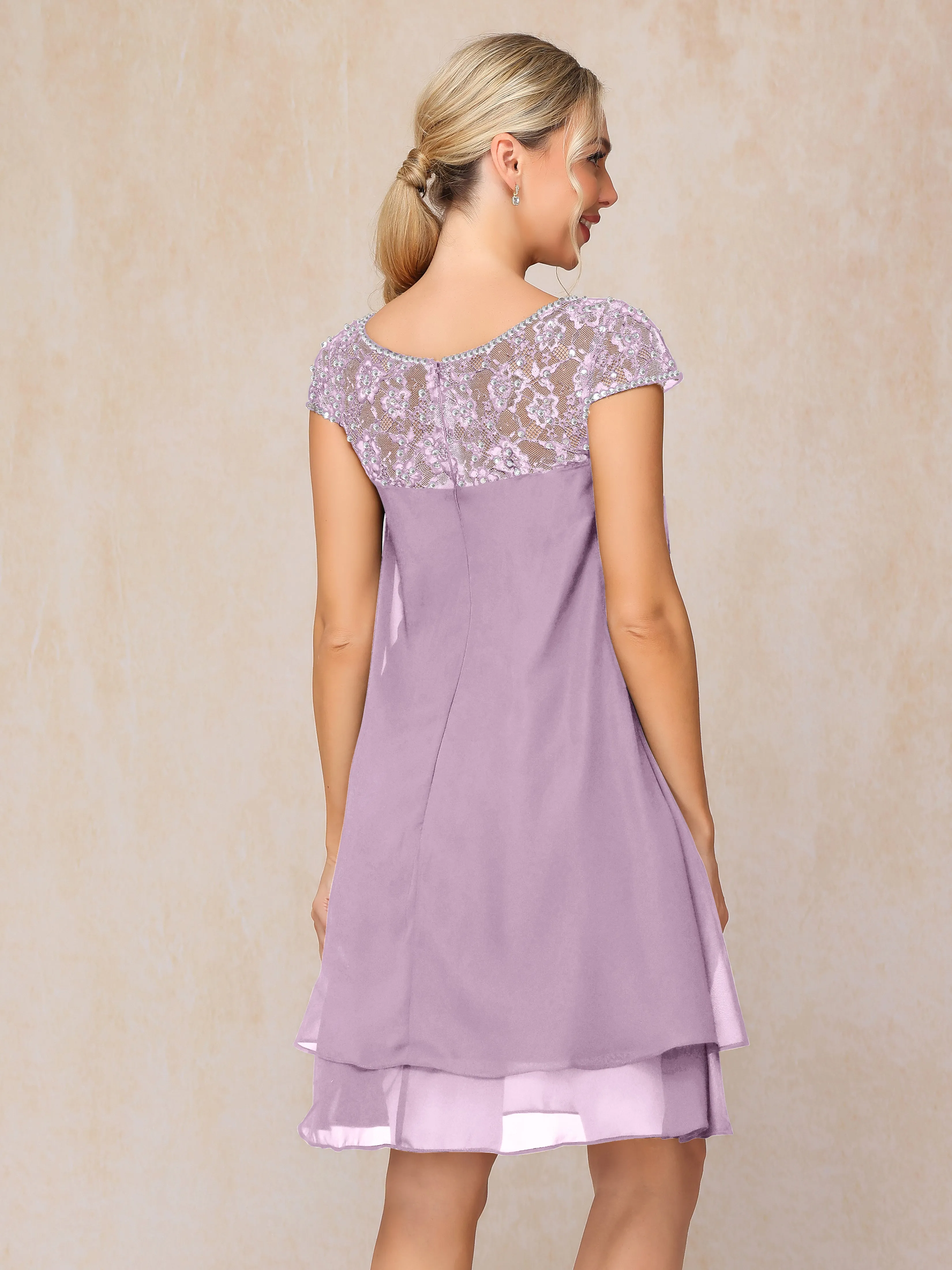 Scoop Cap Sleeves Knee Length Chiffon Mother of the Bride Dress With Lace