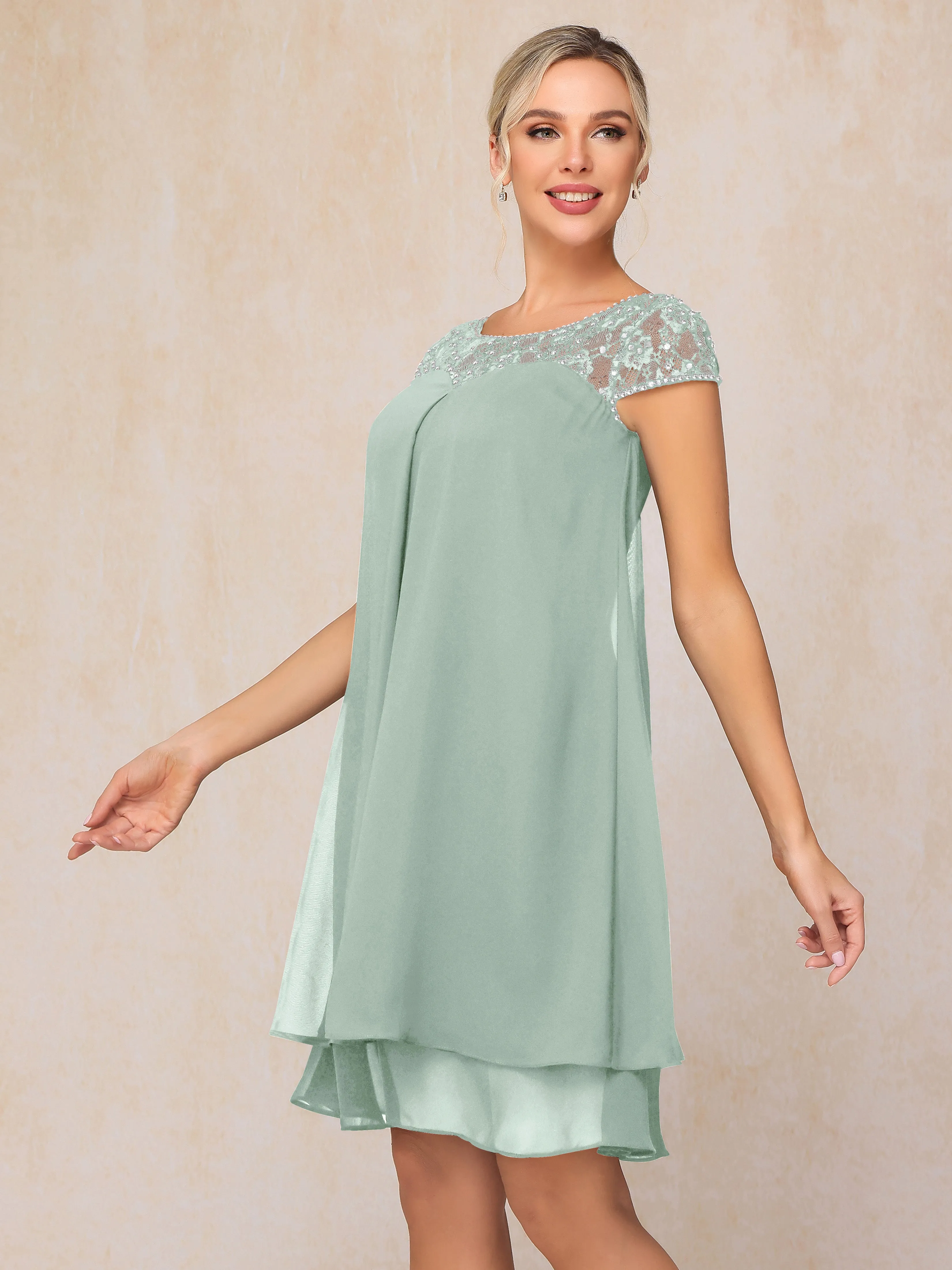 Scoop Cap Sleeves Knee Length Chiffon Mother of the Bride Dress With Lace