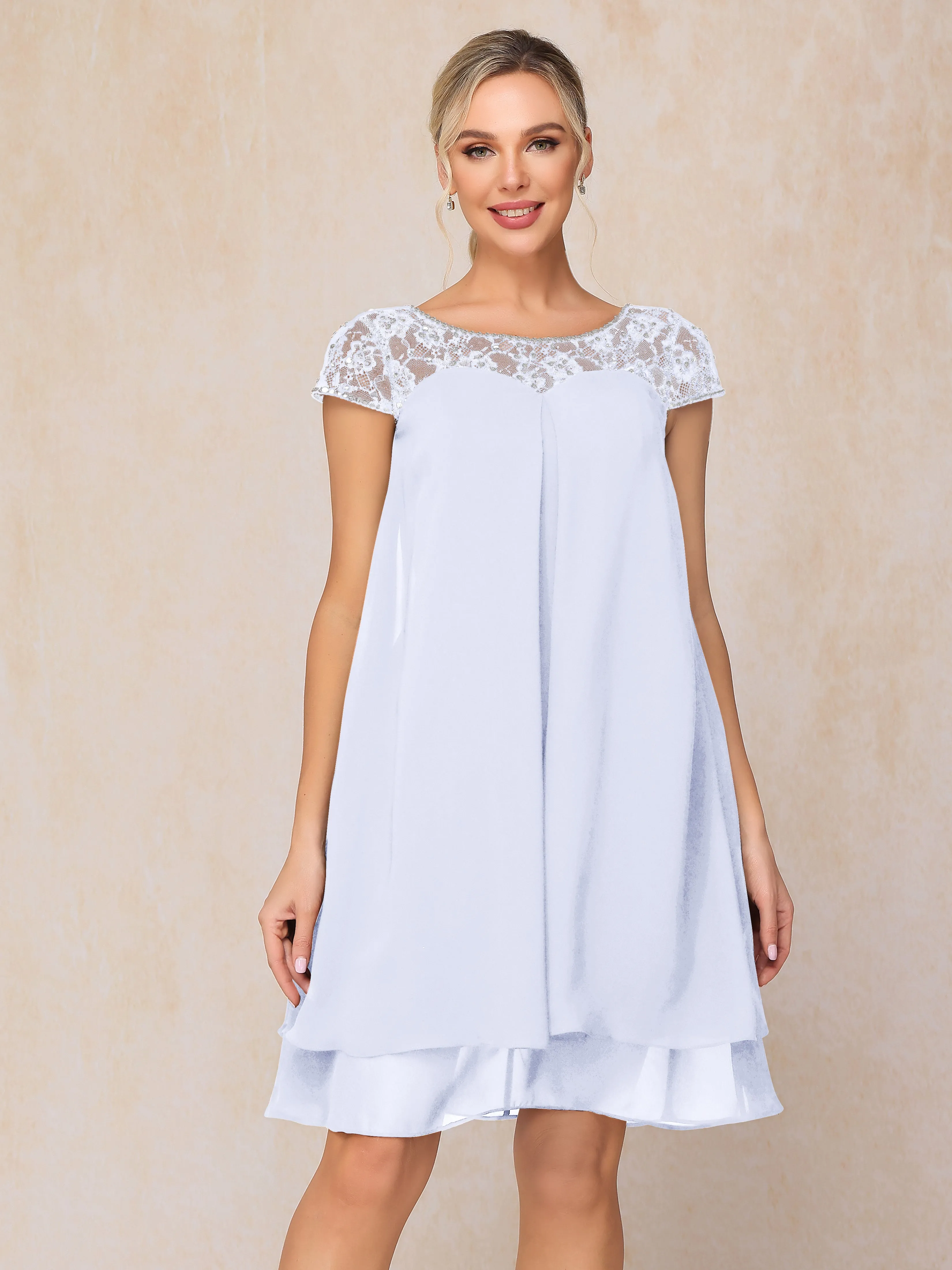 Scoop Cap Sleeves Knee Length Chiffon Mother of the Bride Dress With Lace