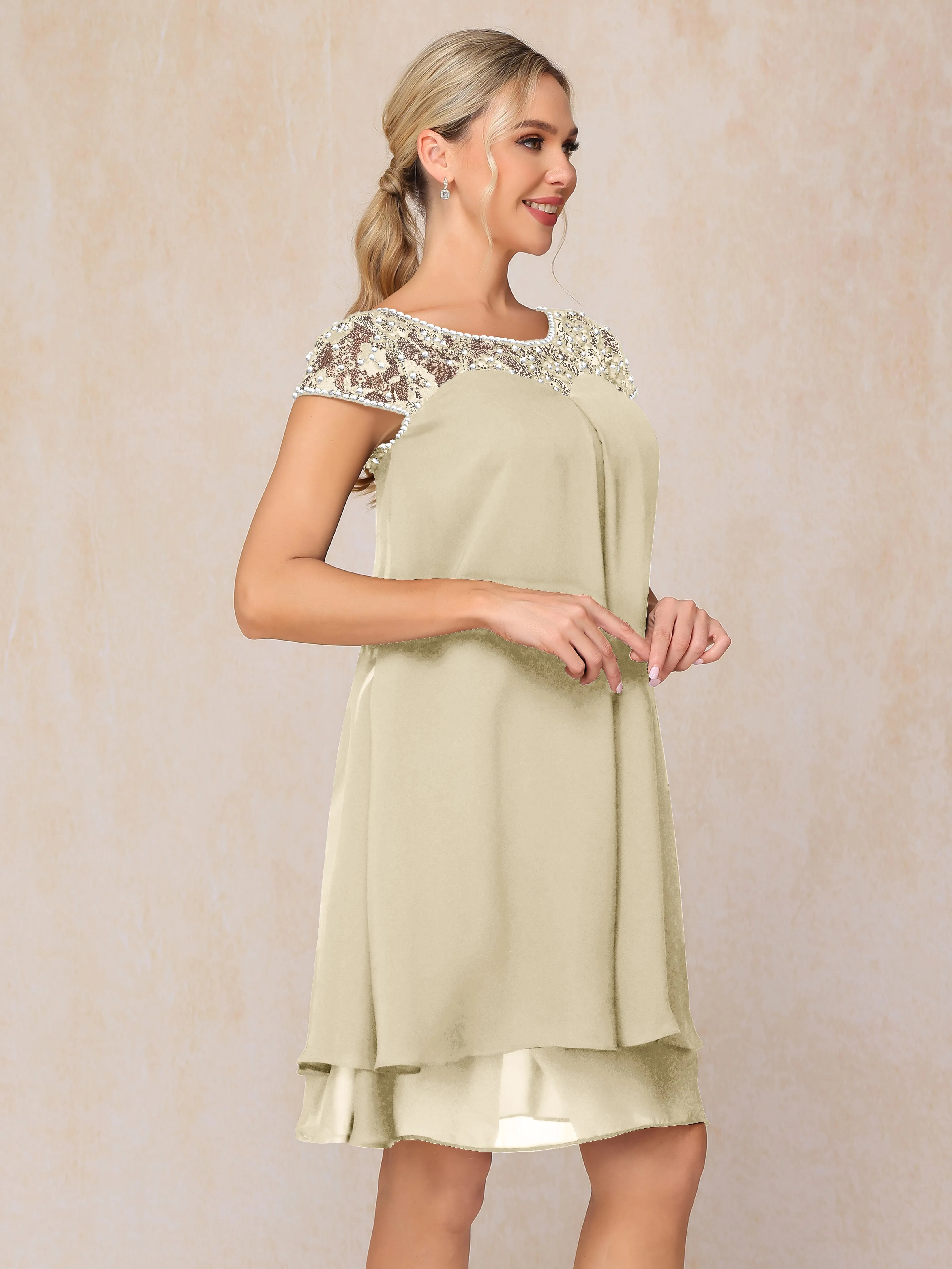 Scoop Cap Sleeves Knee Length Chiffon Mother of the Bride Dress With Lace