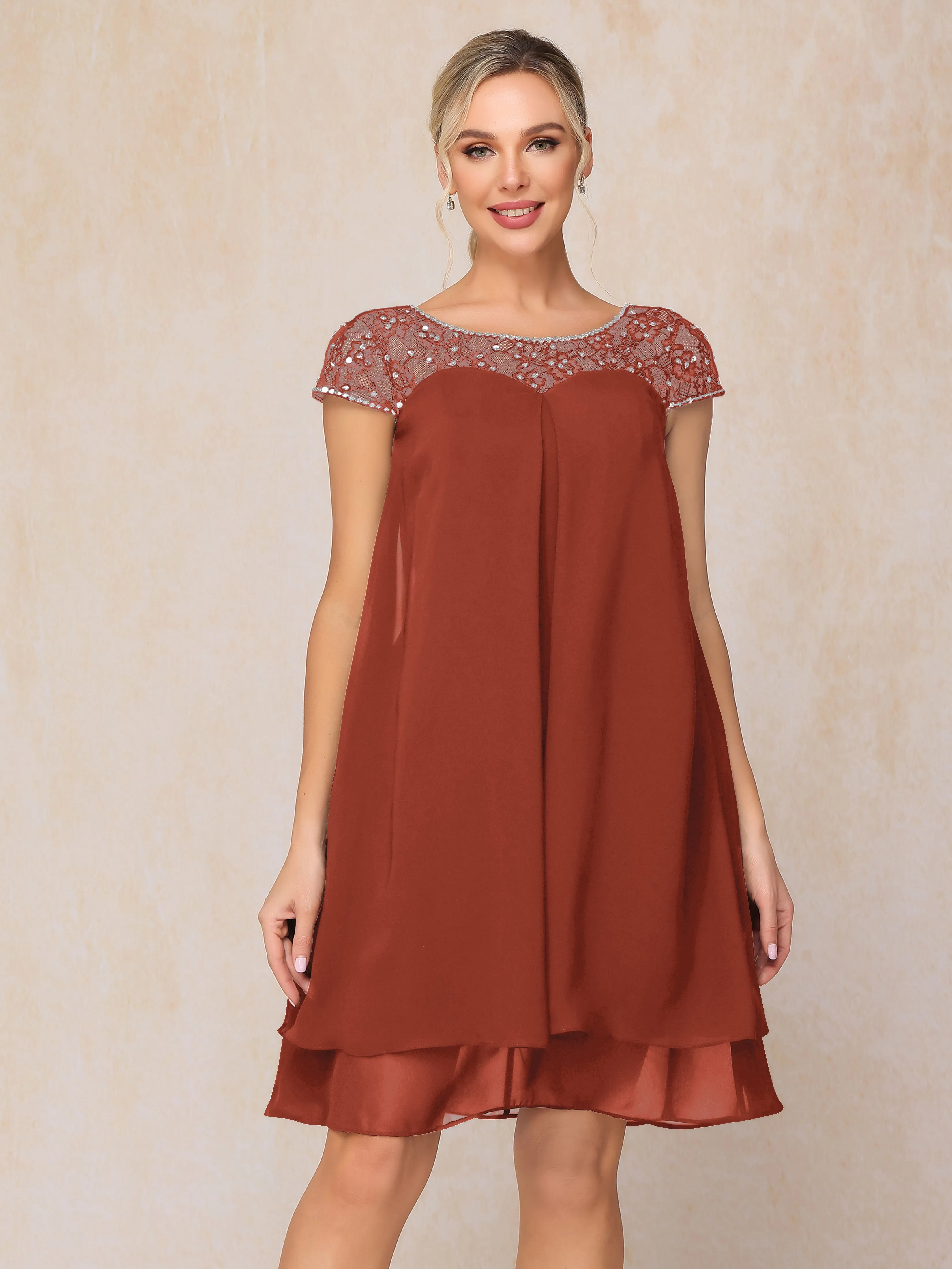 Scoop Cap Sleeves Knee Length Chiffon Mother of the Bride Dress With Lace