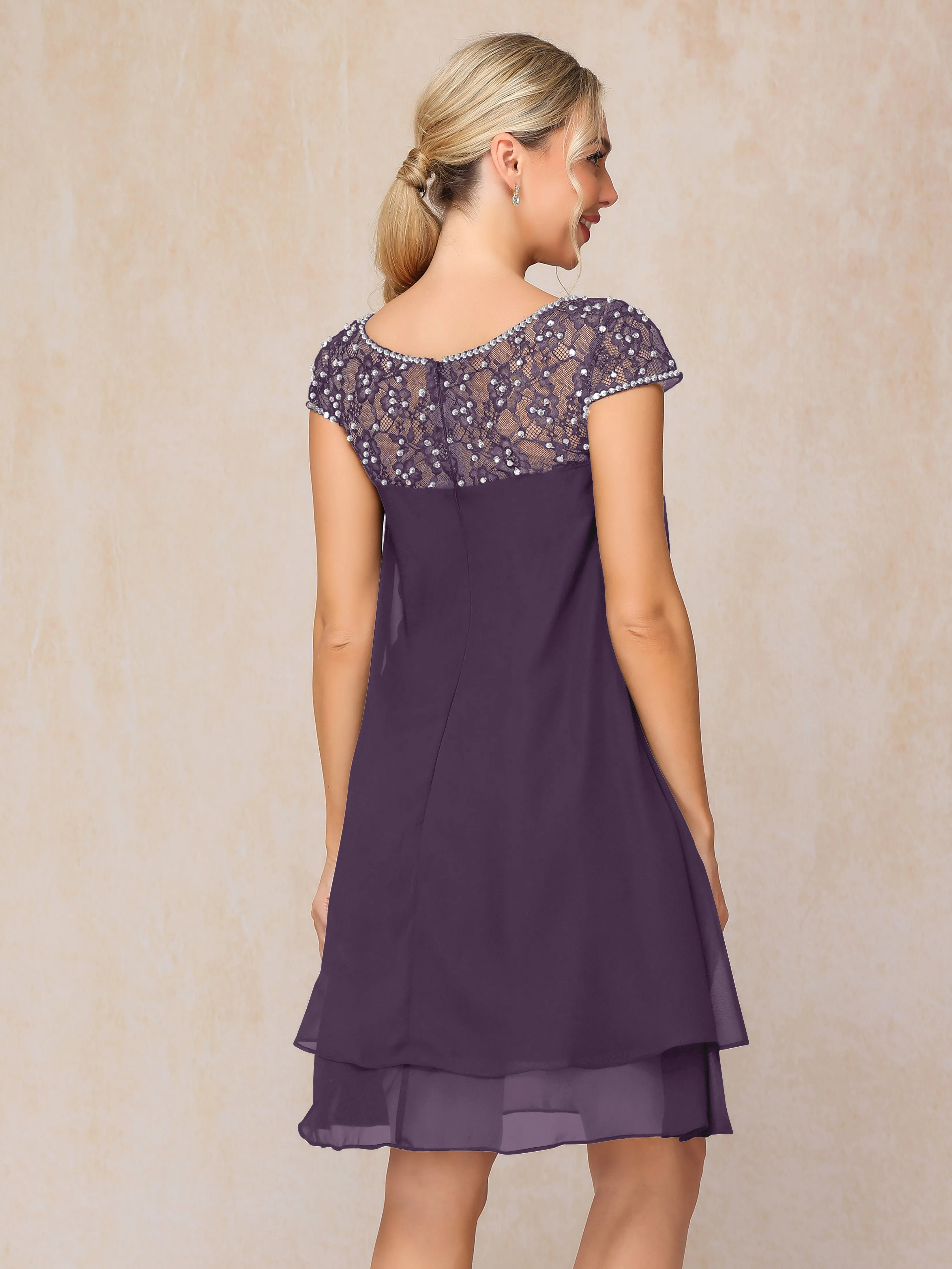 Scoop Cap Sleeves Knee Length Chiffon Mother of the Bride Dress With Lace