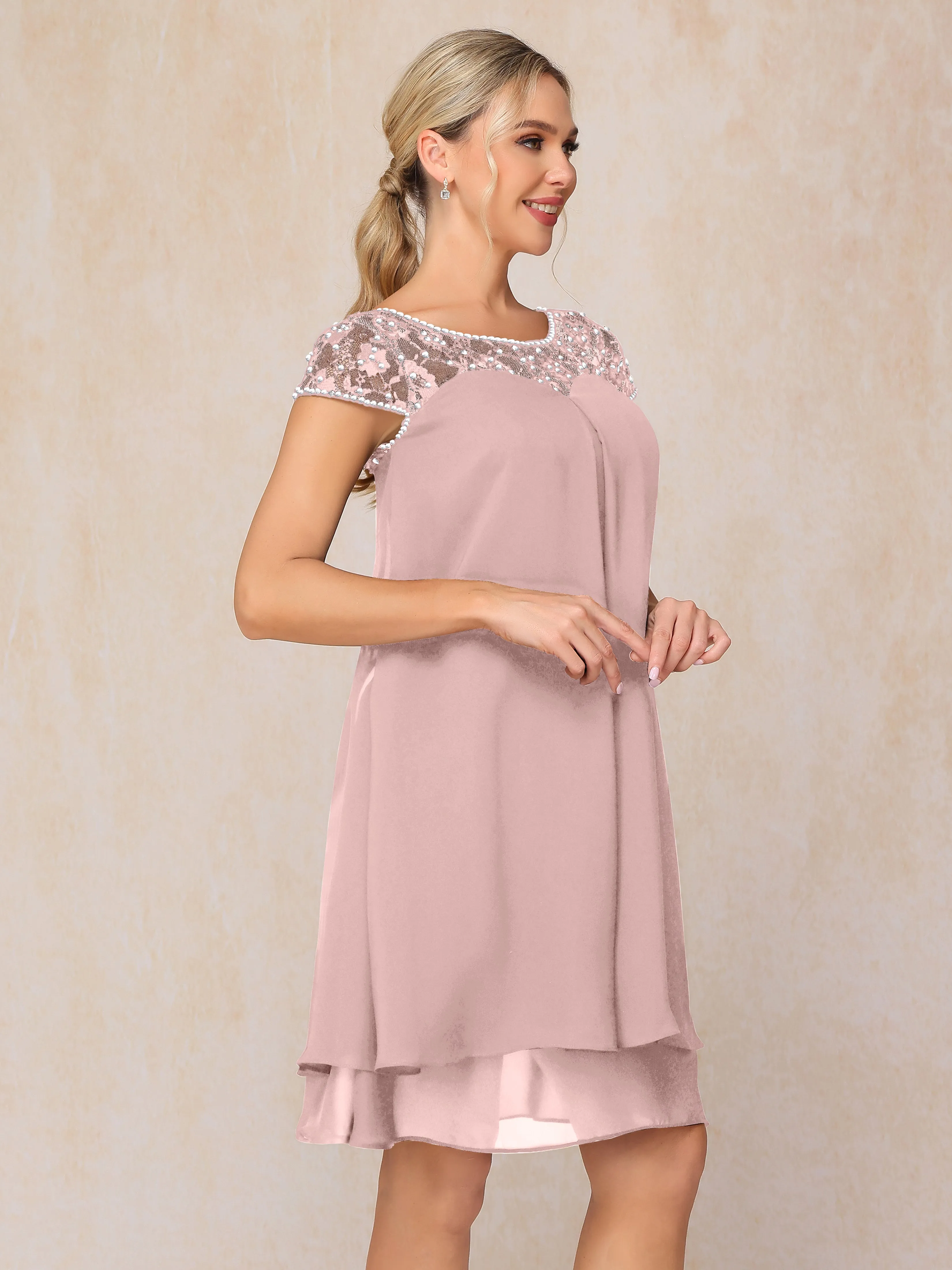 Scoop Cap Sleeves Knee Length Chiffon Mother of the Bride Dress With Lace