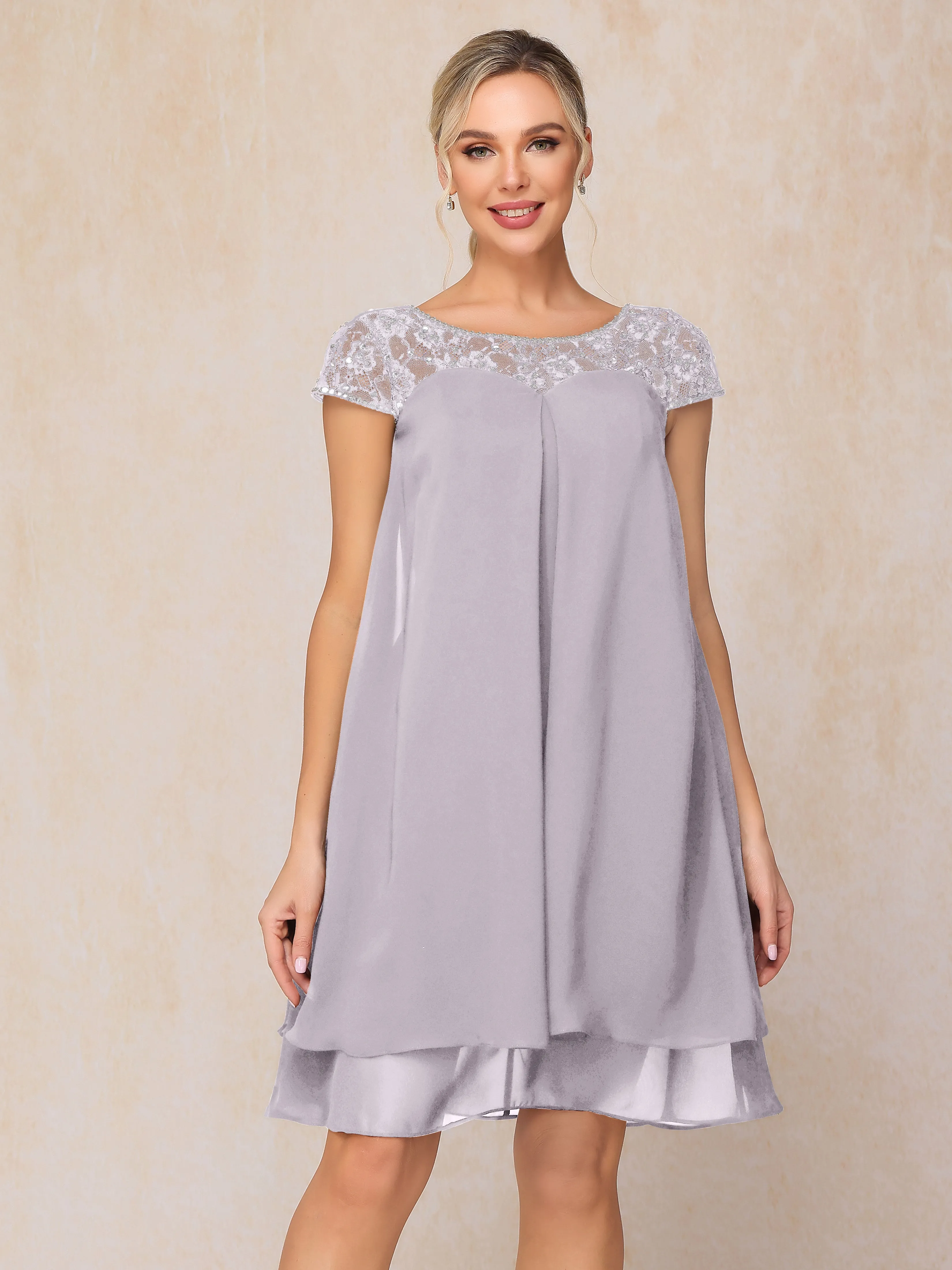 Scoop Cap Sleeves Knee Length Chiffon Mother of the Bride Dress With Lace