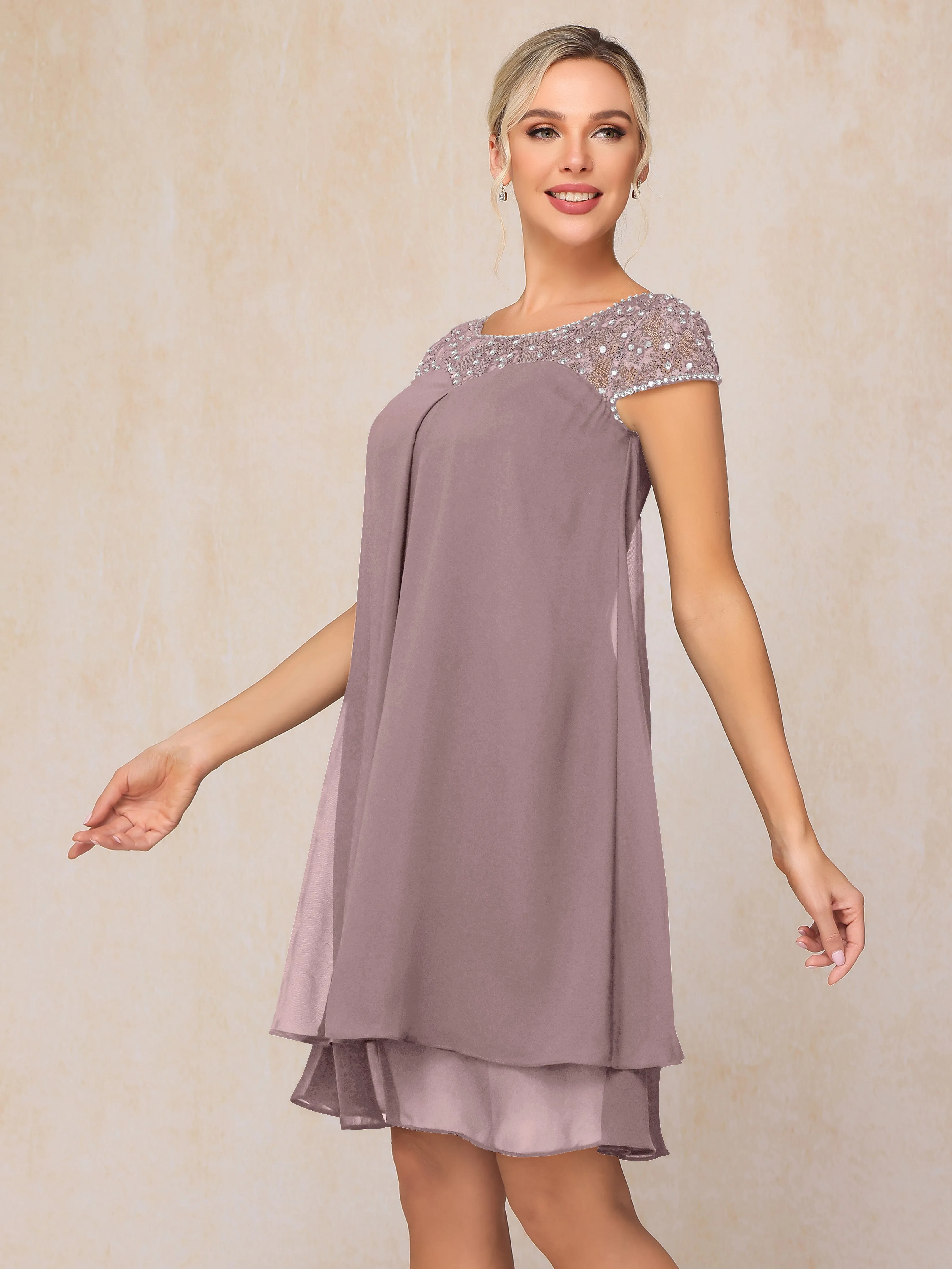 Scoop Cap Sleeves Knee Length Chiffon Mother of the Bride Dress With Lace