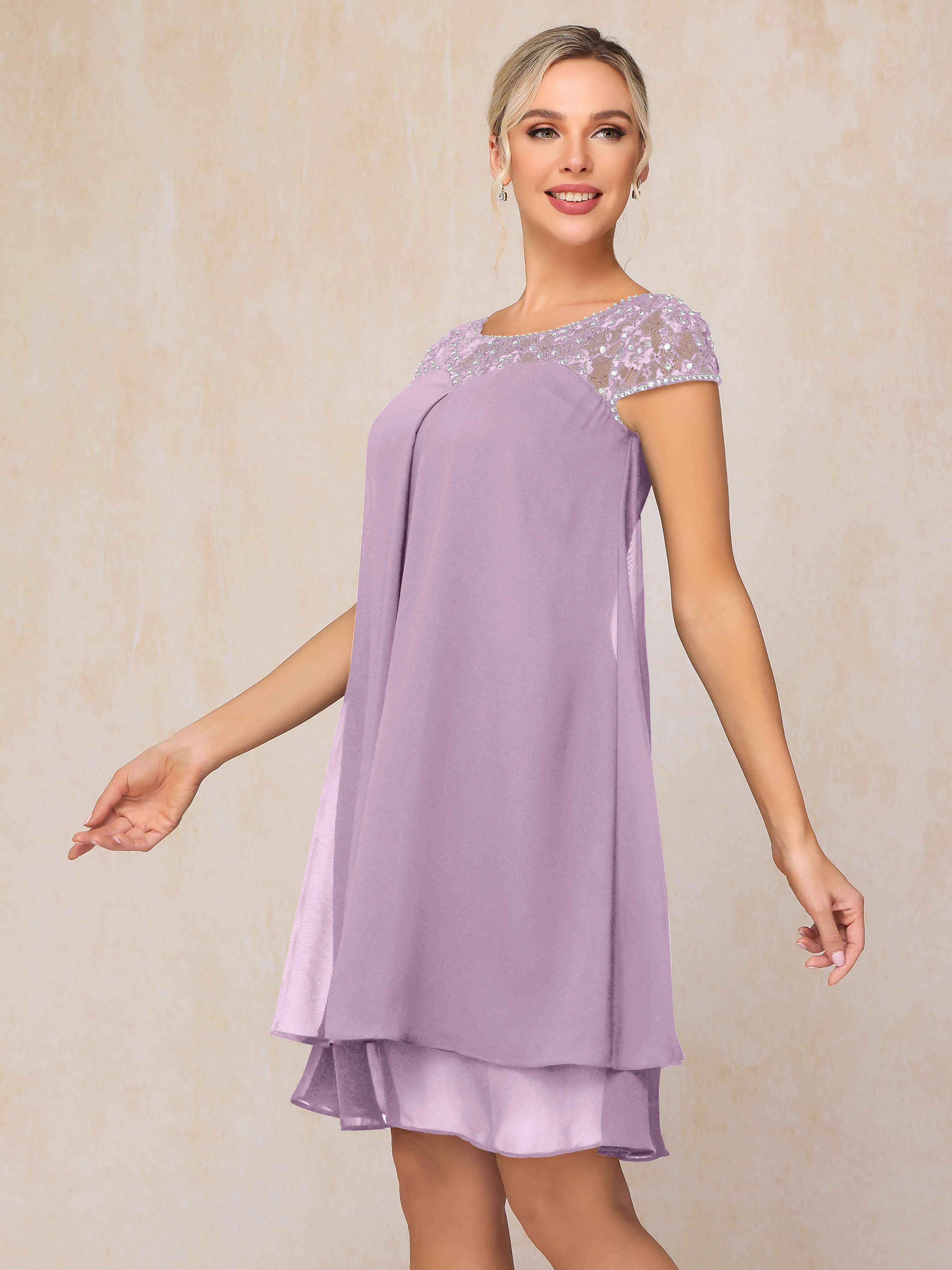 Scoop Cap Sleeves Knee Length Chiffon Mother of the Bride Dress With Lace