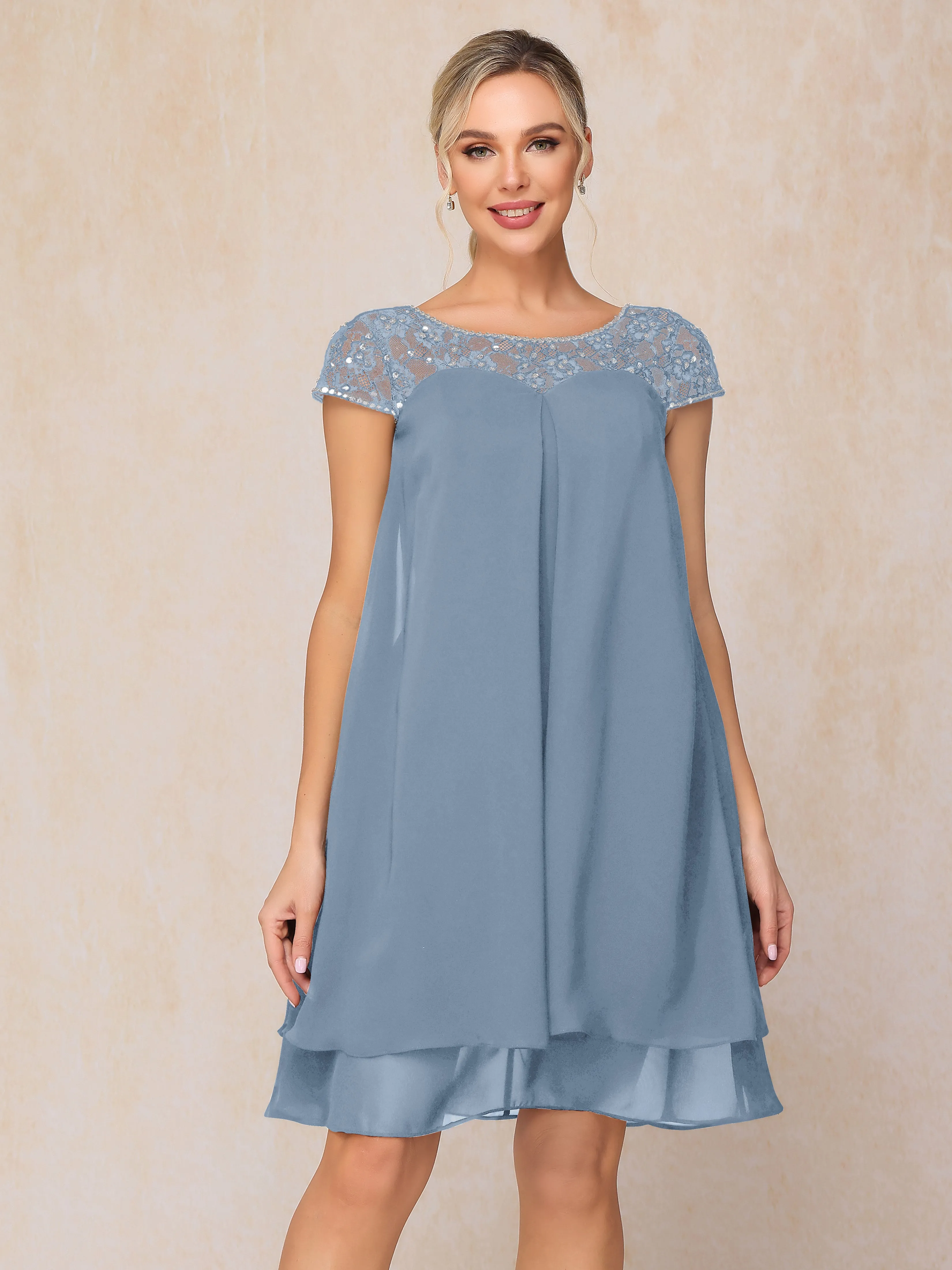 Scoop Cap Sleeves Knee Length Chiffon Mother of the Bride Dress With Lace