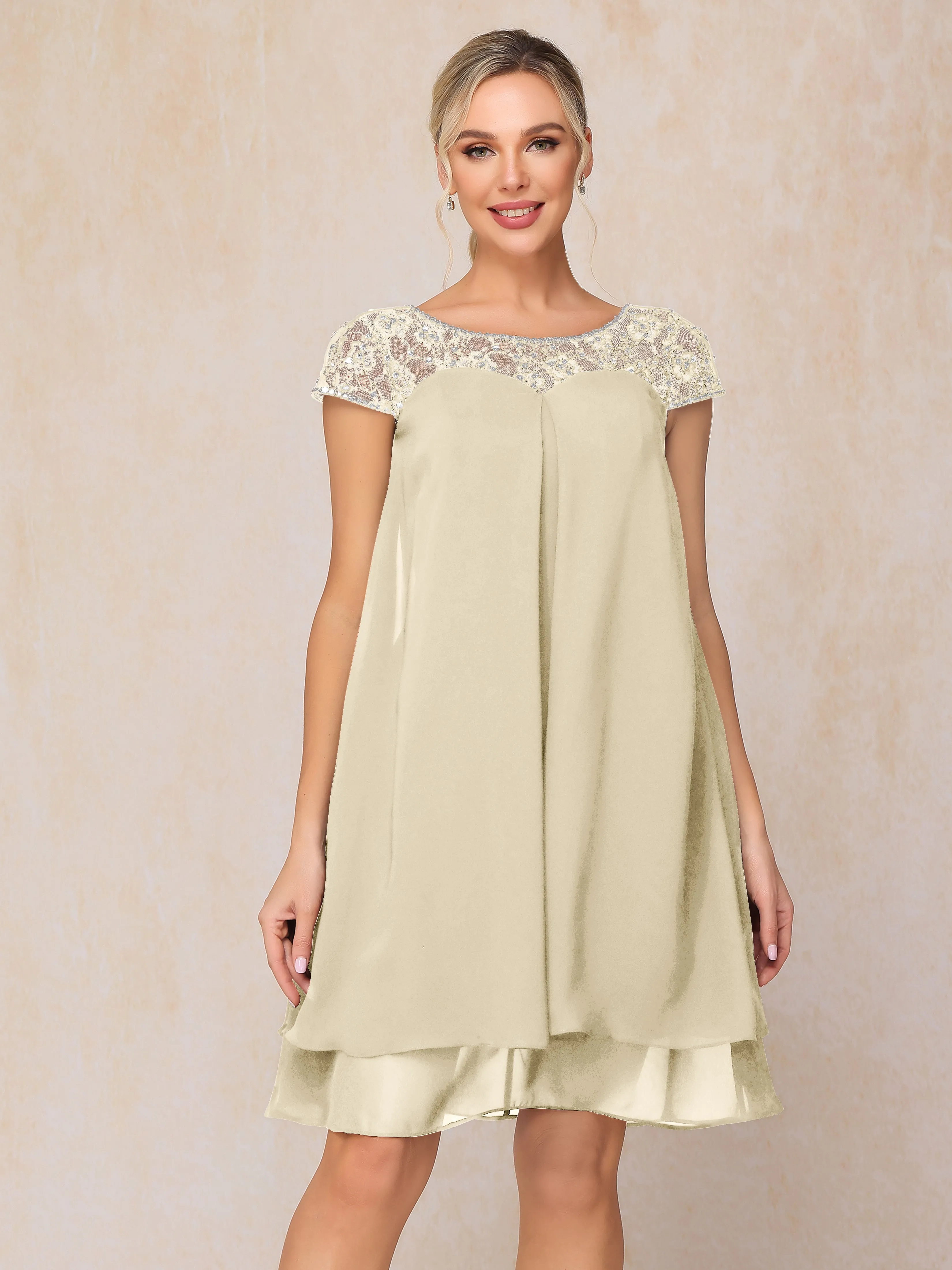 Scoop Cap Sleeves Knee Length Chiffon Mother of the Bride Dress With Lace