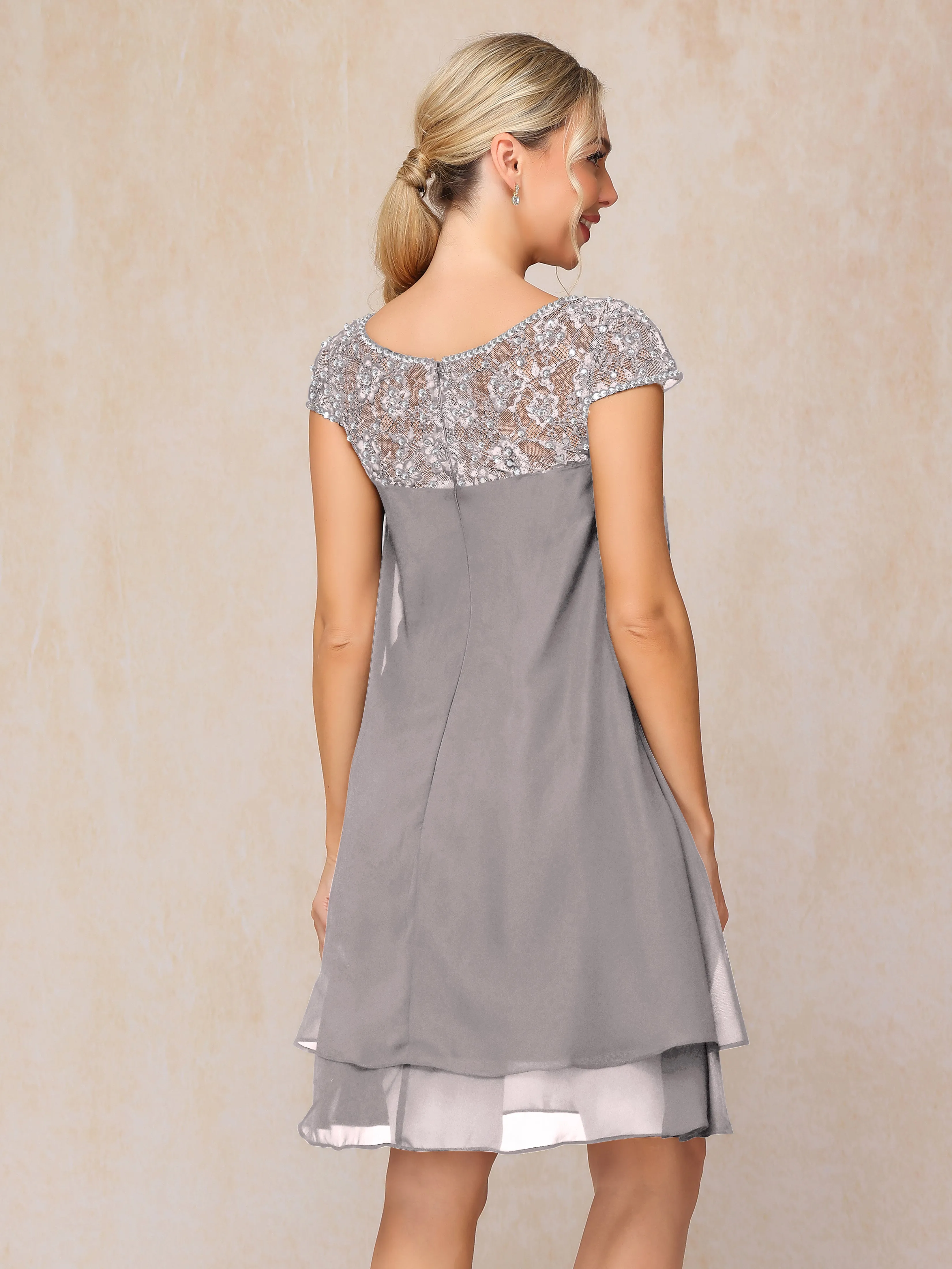 Scoop Cap Sleeves Knee Length Chiffon Mother of the Bride Dress With Lace