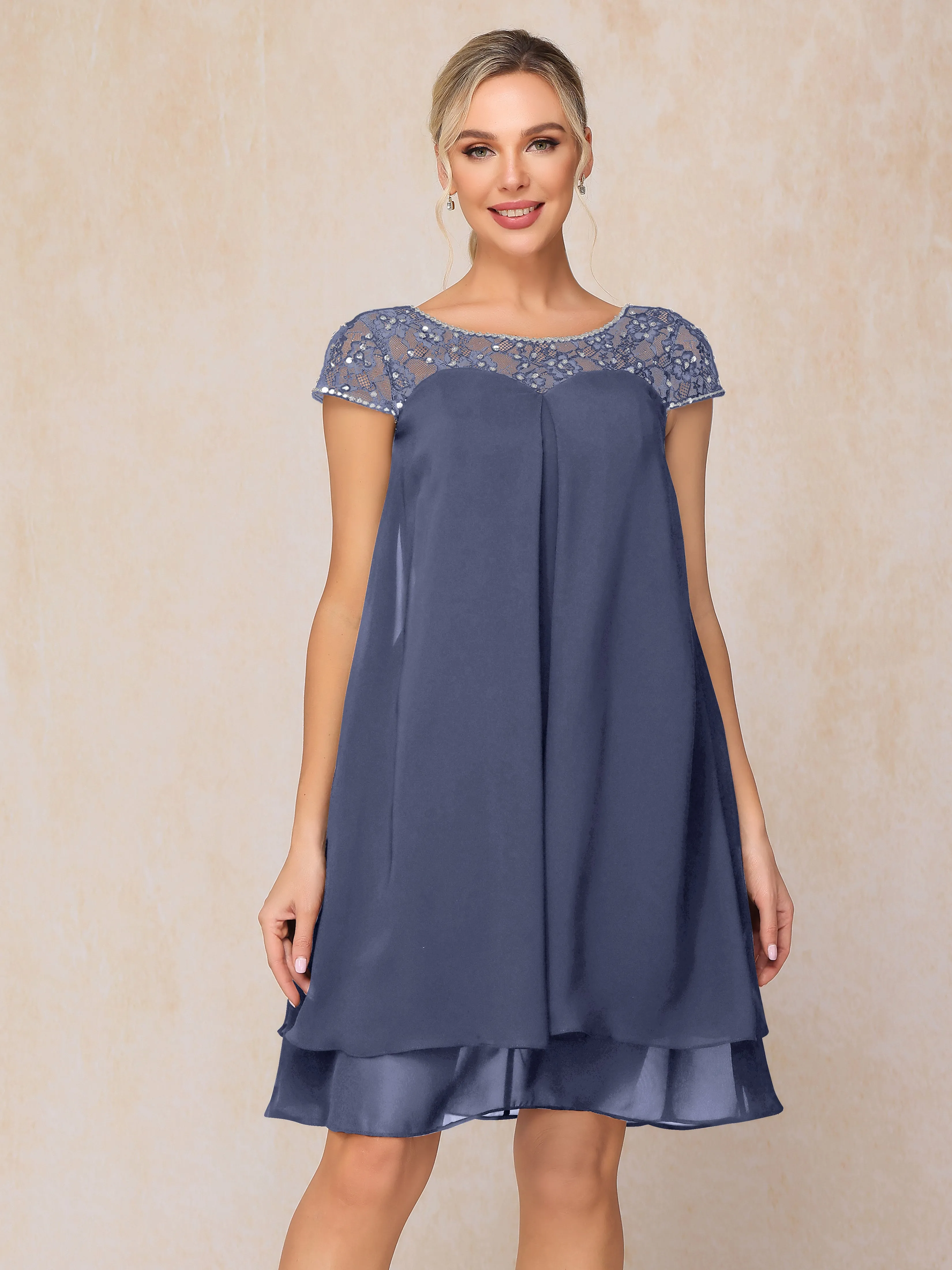 Scoop Cap Sleeves Knee Length Chiffon Mother of the Bride Dress With Lace