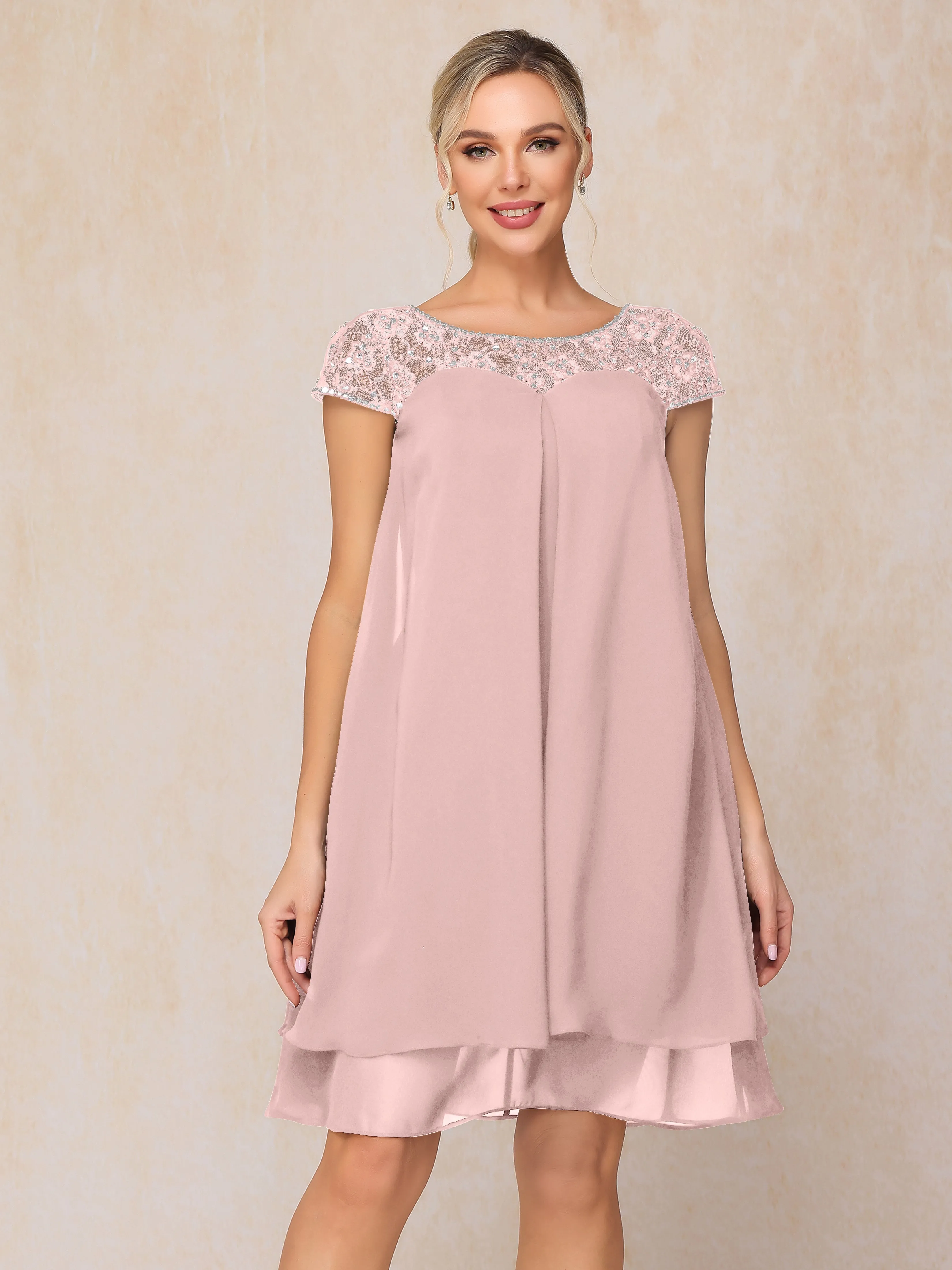 Scoop Cap Sleeves Knee Length Chiffon Mother of the Bride Dress With Lace