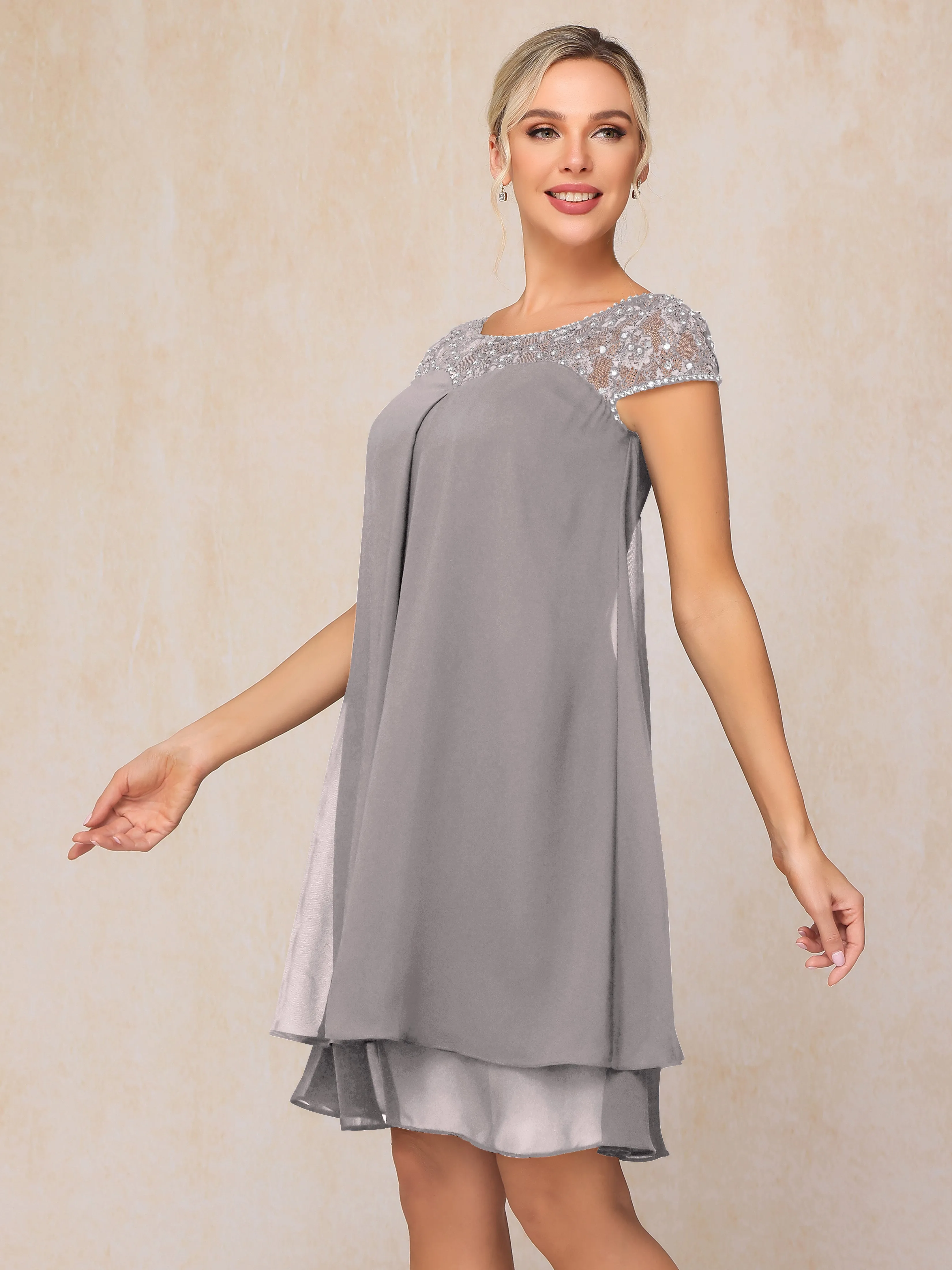 Scoop Cap Sleeves Knee Length Chiffon Mother of the Bride Dress With Lace