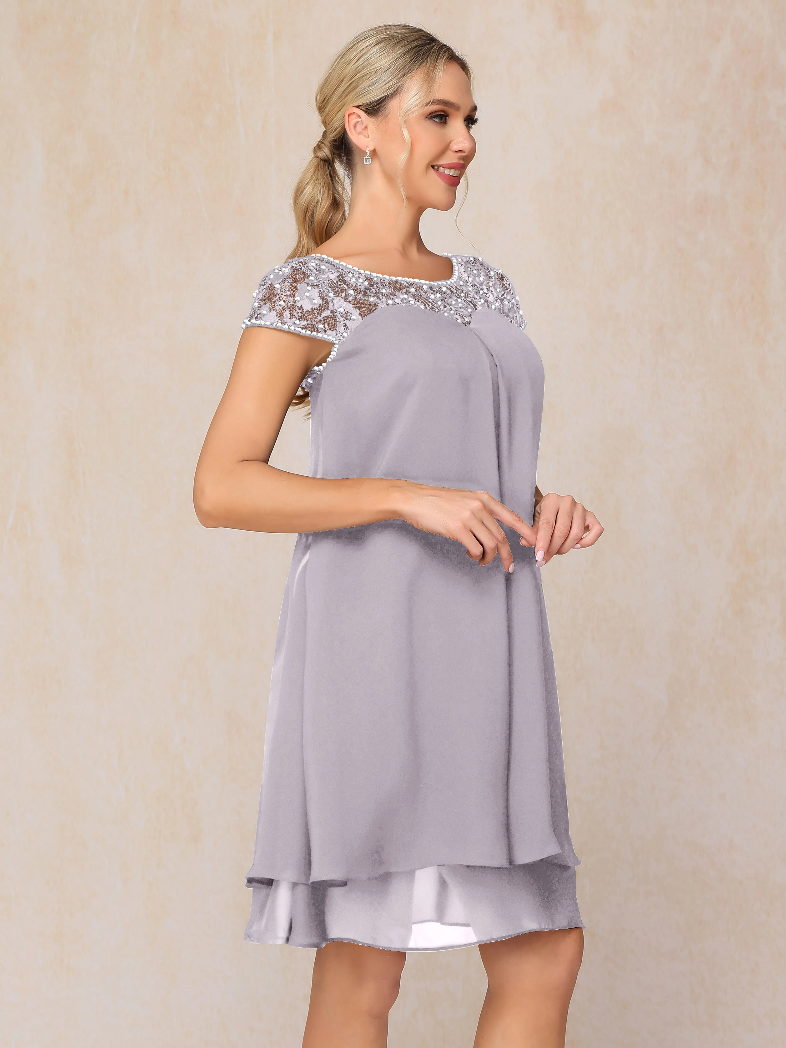 Scoop Cap Sleeves Knee Length Chiffon Mother of the Bride Dress With Lace