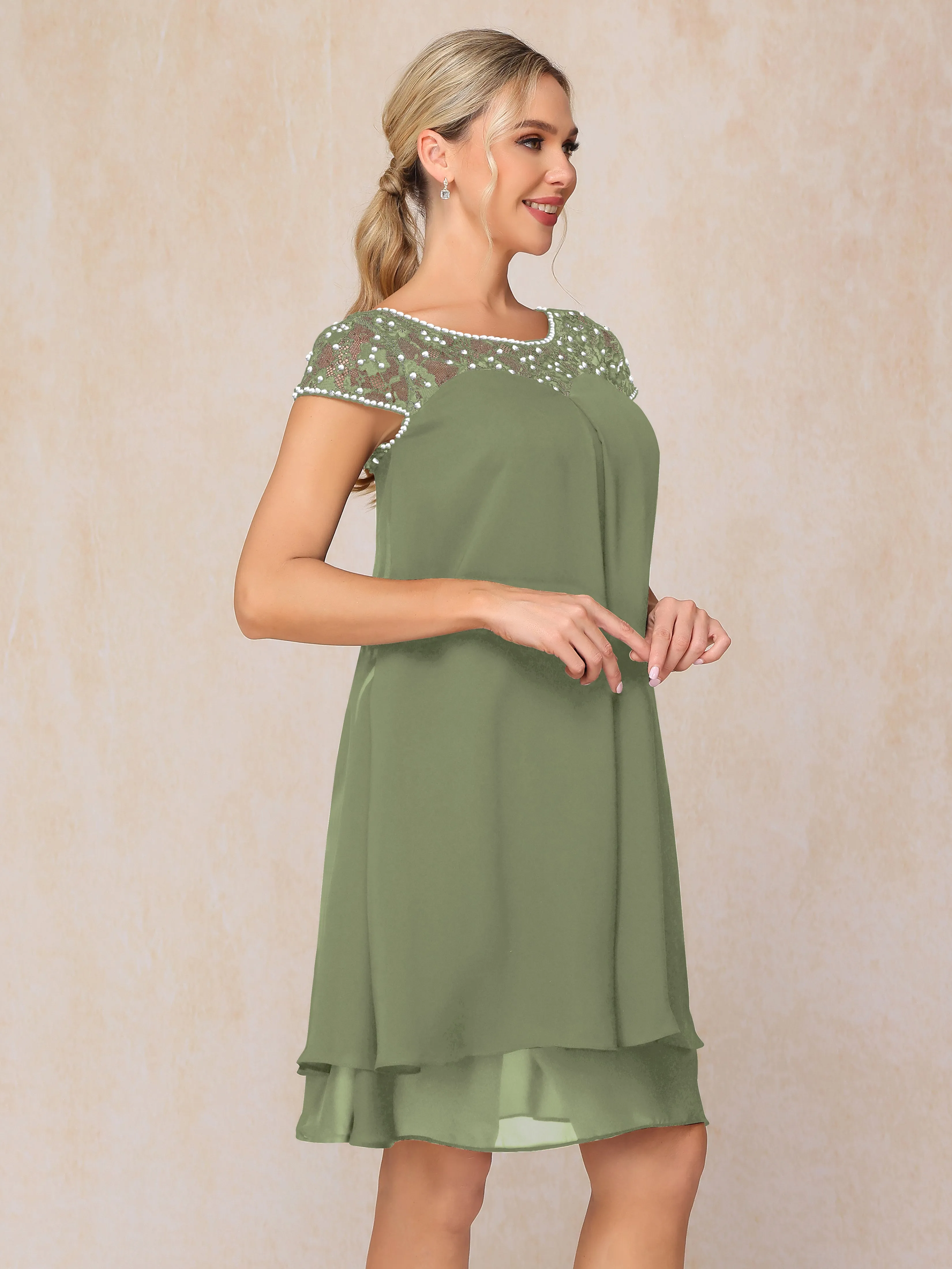 Scoop Cap Sleeves Knee Length Chiffon Mother of the Bride Dress With Lace