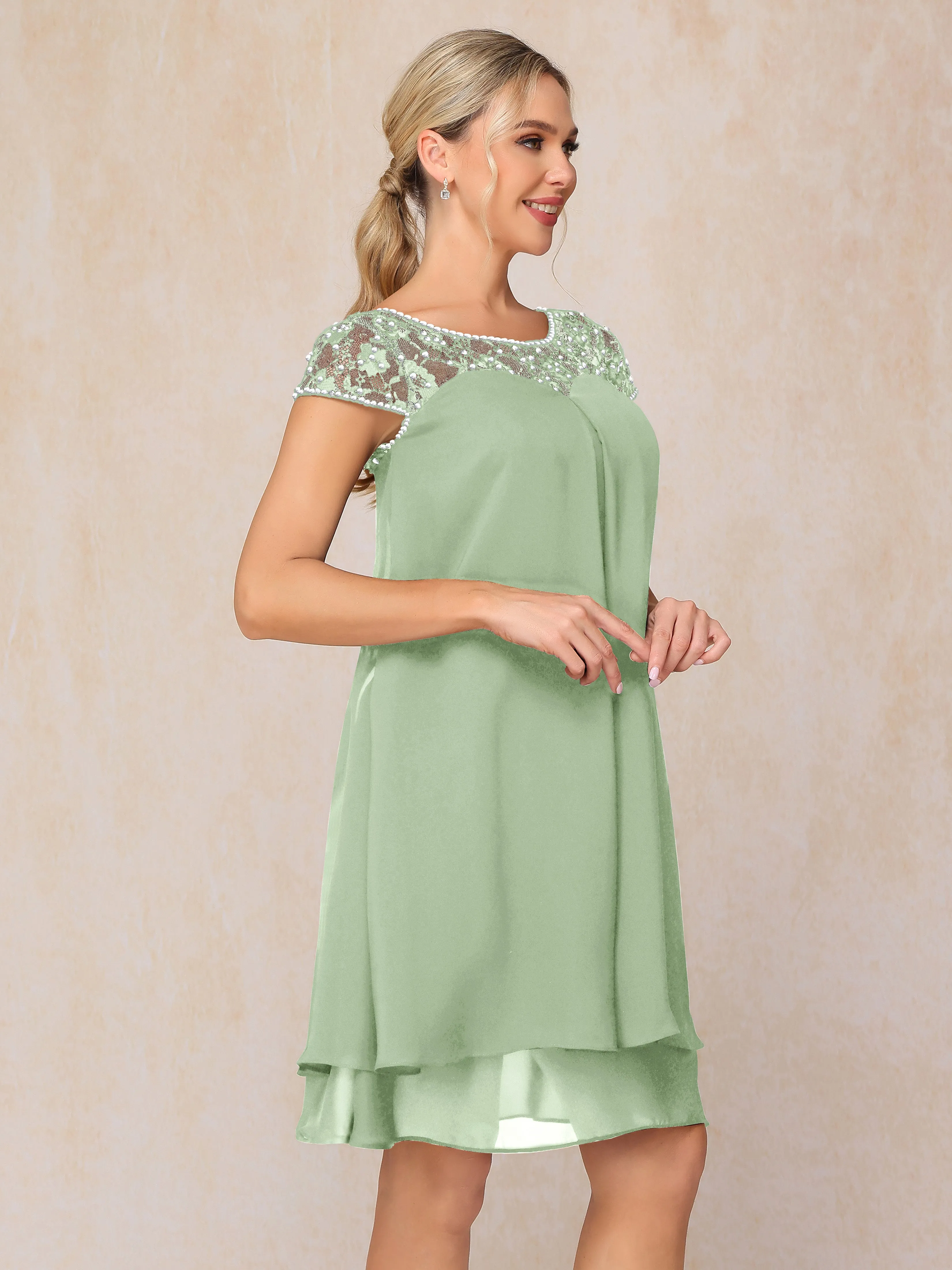 Scoop Cap Sleeves Knee Length Chiffon Mother of the Bride Dress With Lace