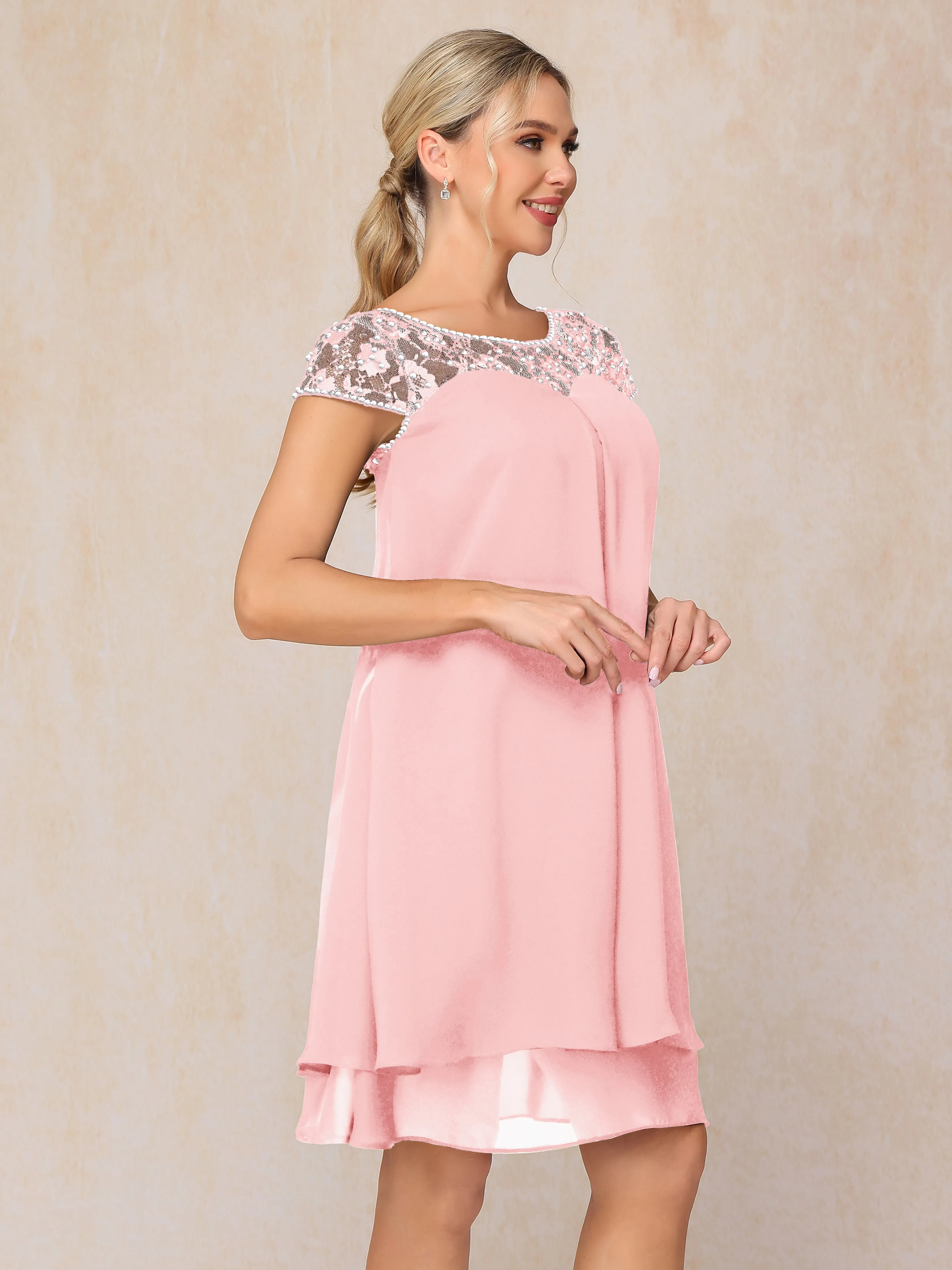 Scoop Cap Sleeves Knee Length Chiffon Mother of the Bride Dress With Lace