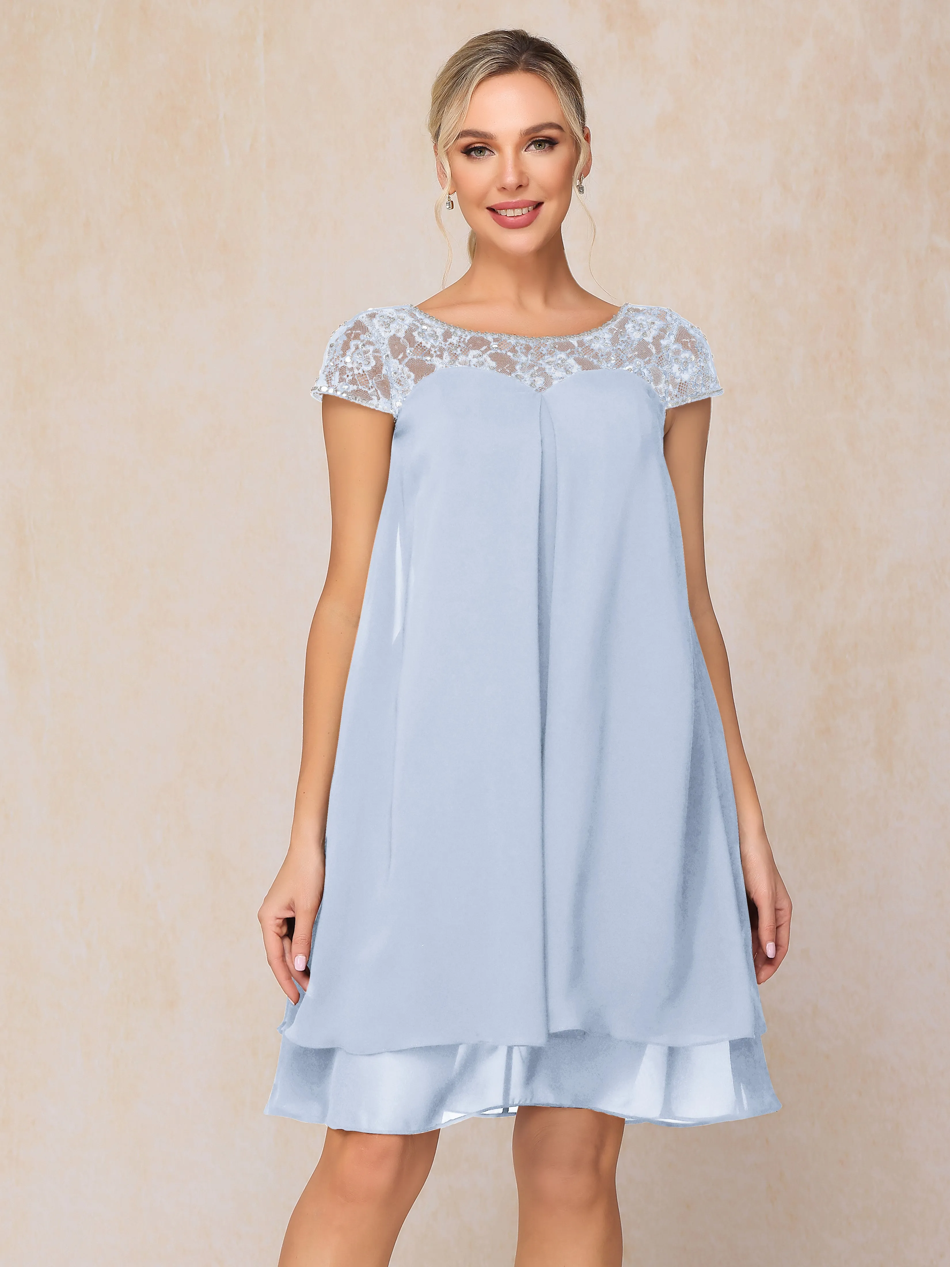 Scoop Cap Sleeves Knee Length Chiffon Mother of the Bride Dress With Lace