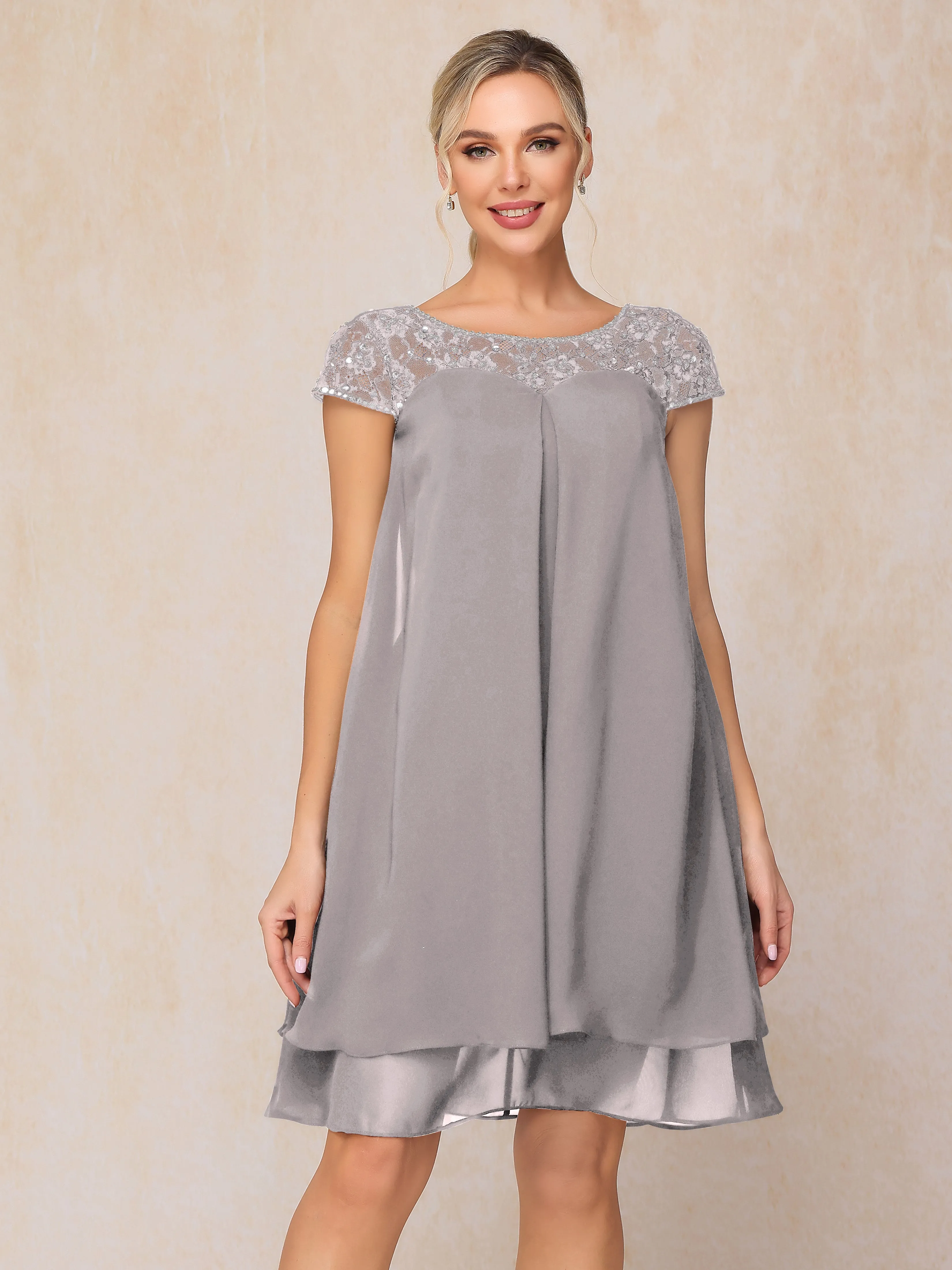 Scoop Cap Sleeves Knee Length Chiffon Mother of the Bride Dress With Lace